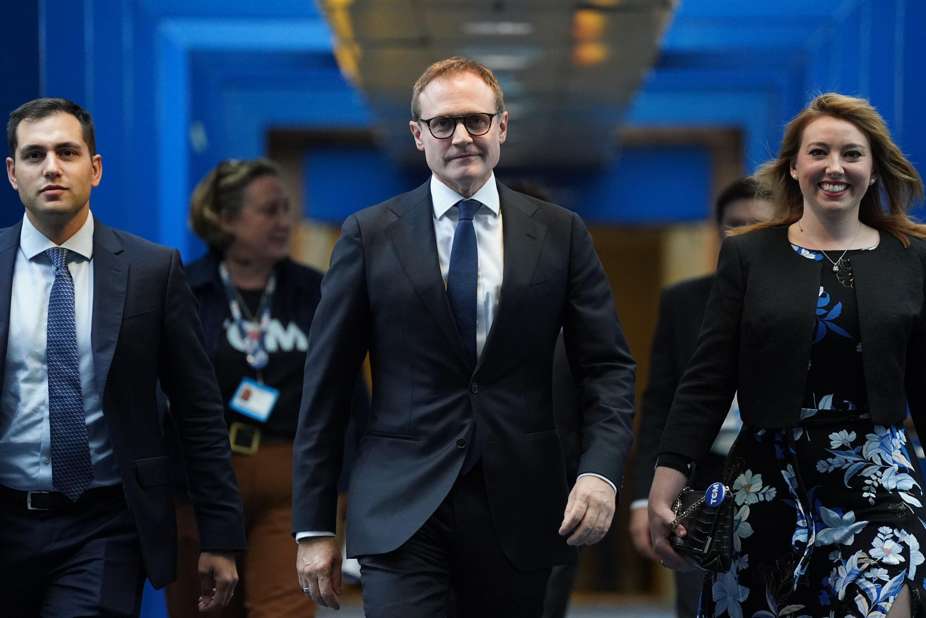 Conservative leadership candidate Tom Tugendhat arrives at the Conservative Party conference in Birmingham