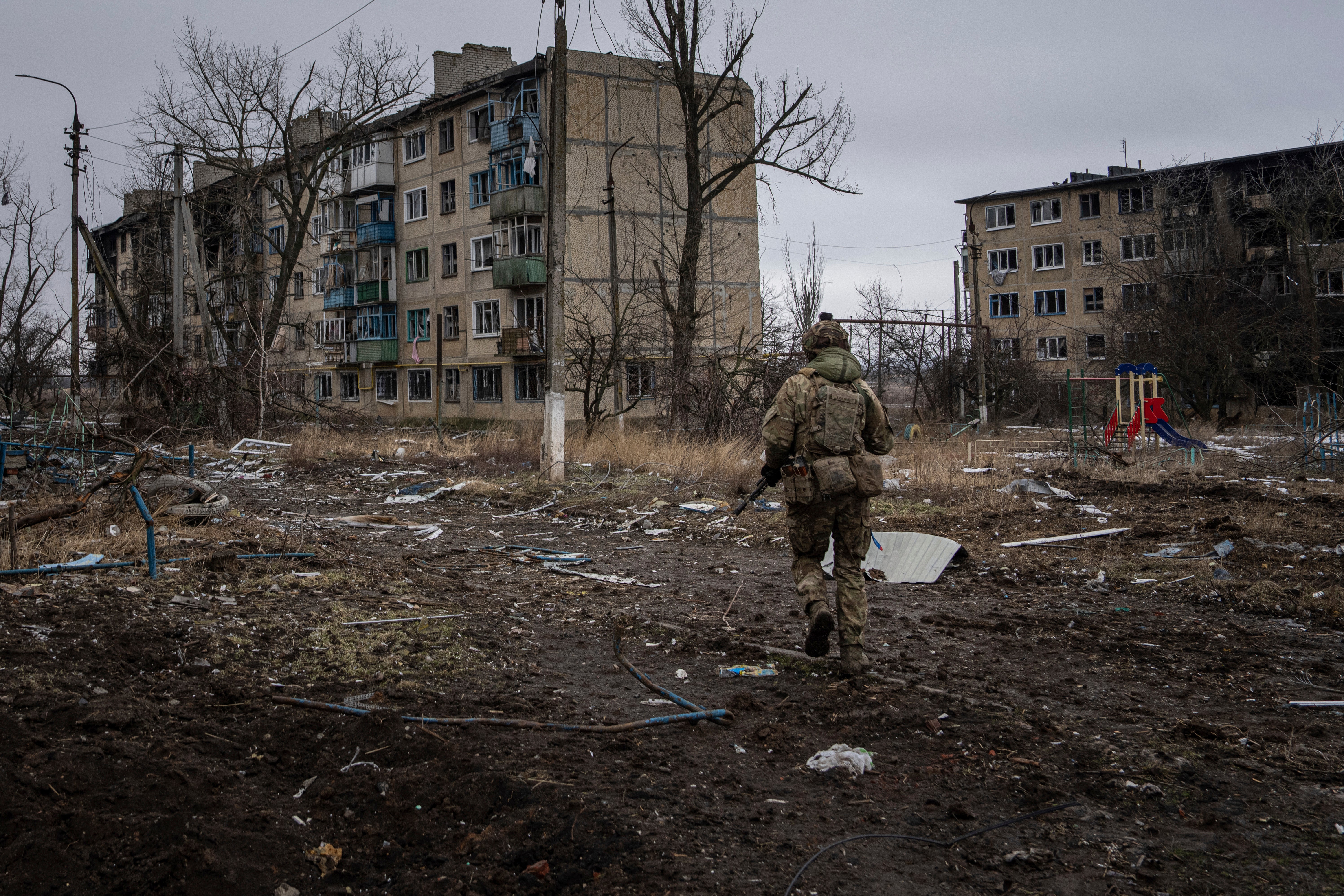 A Ukrainian soldier in Vuhledar last winter. The bastion of resistance has now been claimed by Russian forces after over two years of fighting reduced it to rubble