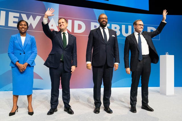 <p>Kemi Badenoch, Robert Jenrick, James Cleverly and Tom Tugendhat after delivering their speeches during the Conservative conference </p>