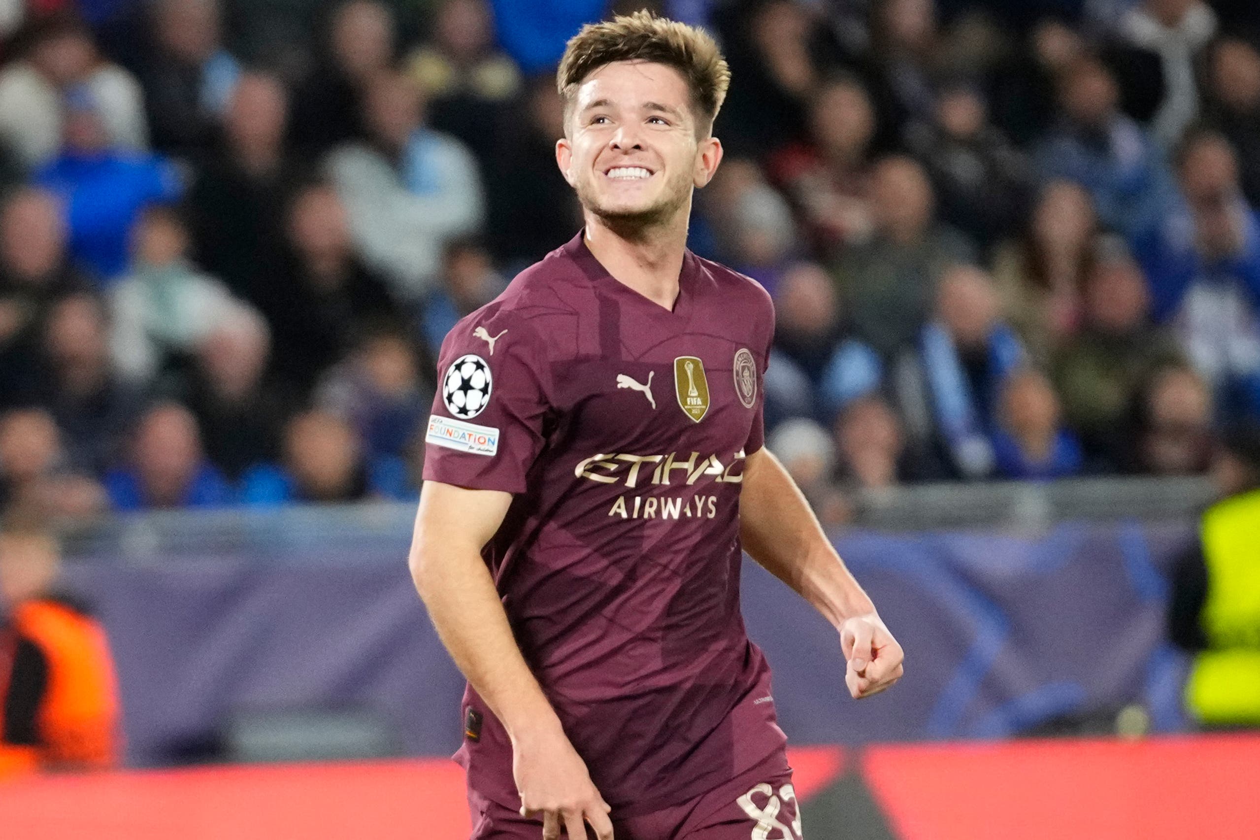 Manchester City’s James McAtee celebrates after scoring his side’s fourth goal (Petr David Josek/AP)