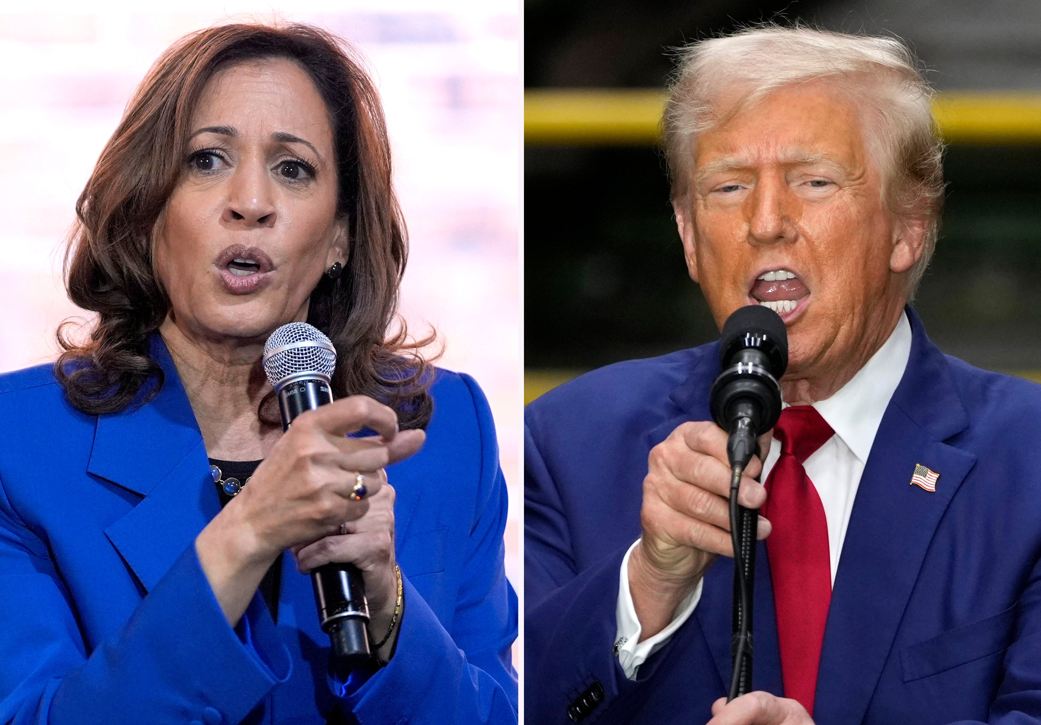 Vice President Kamala Harris speaks at a campaign event, Aug. 18, 2024, in Rochester, left, and Republican presidential nominee former President Donald Trump speaks during a campaign event, Aug. 19, 2024, in York. A recent poll suggests that Florida could be in play for Harris