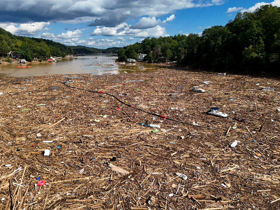 Debris is scattered across Lake Lure in North Carolina following Hurricane Helene. The storm is now the deadliest since Hurricane Katrina in August 2005