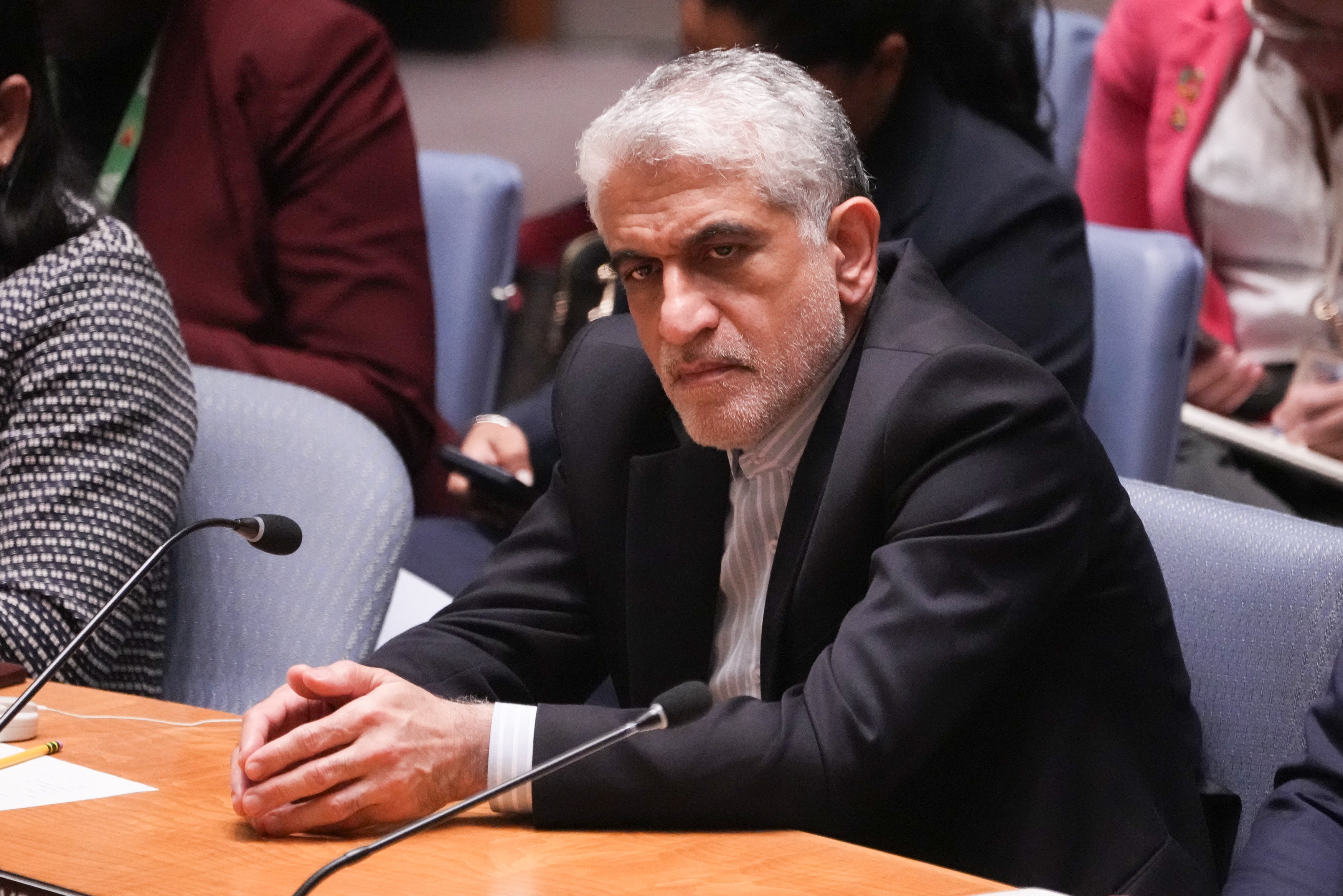 Iranian Ambassador to the United Nations Amir Saeid Iravani looks on during the Security Council meeting on 2 October