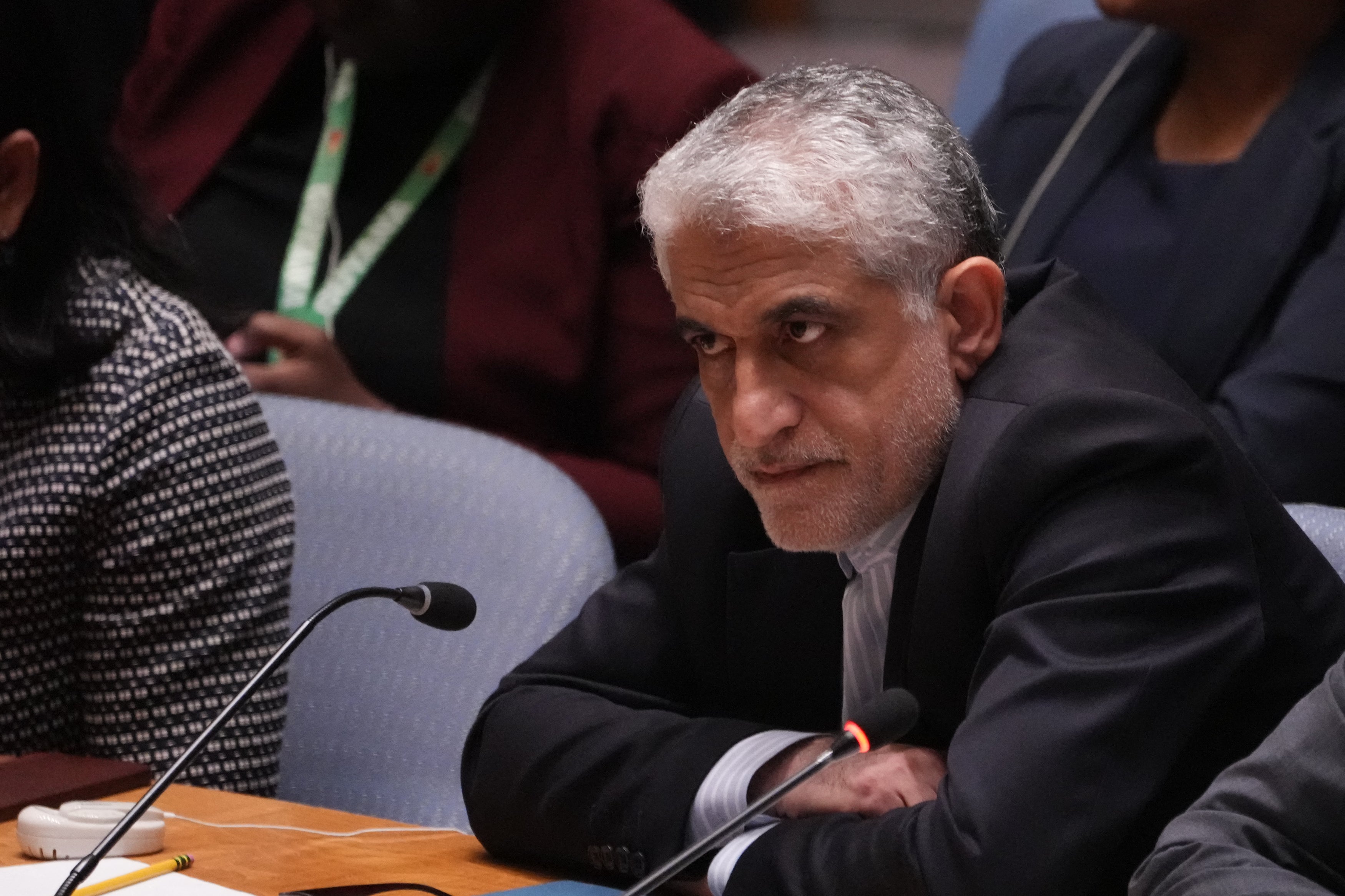 Iranian ambassador to the United Nations Amir Saeid Iravani looks on at the Security Council meeting on the situation in the Middle East at the United Nations headquarters on 2 October 2024 in New York