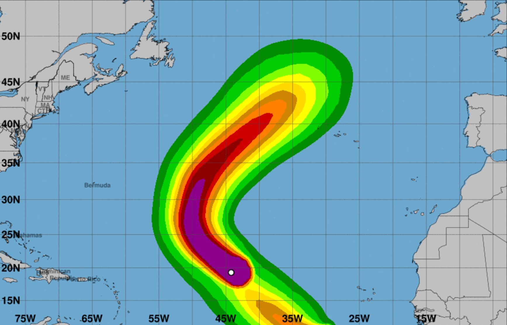 Hurricane Kirk wind speed, mapped by the US NHC