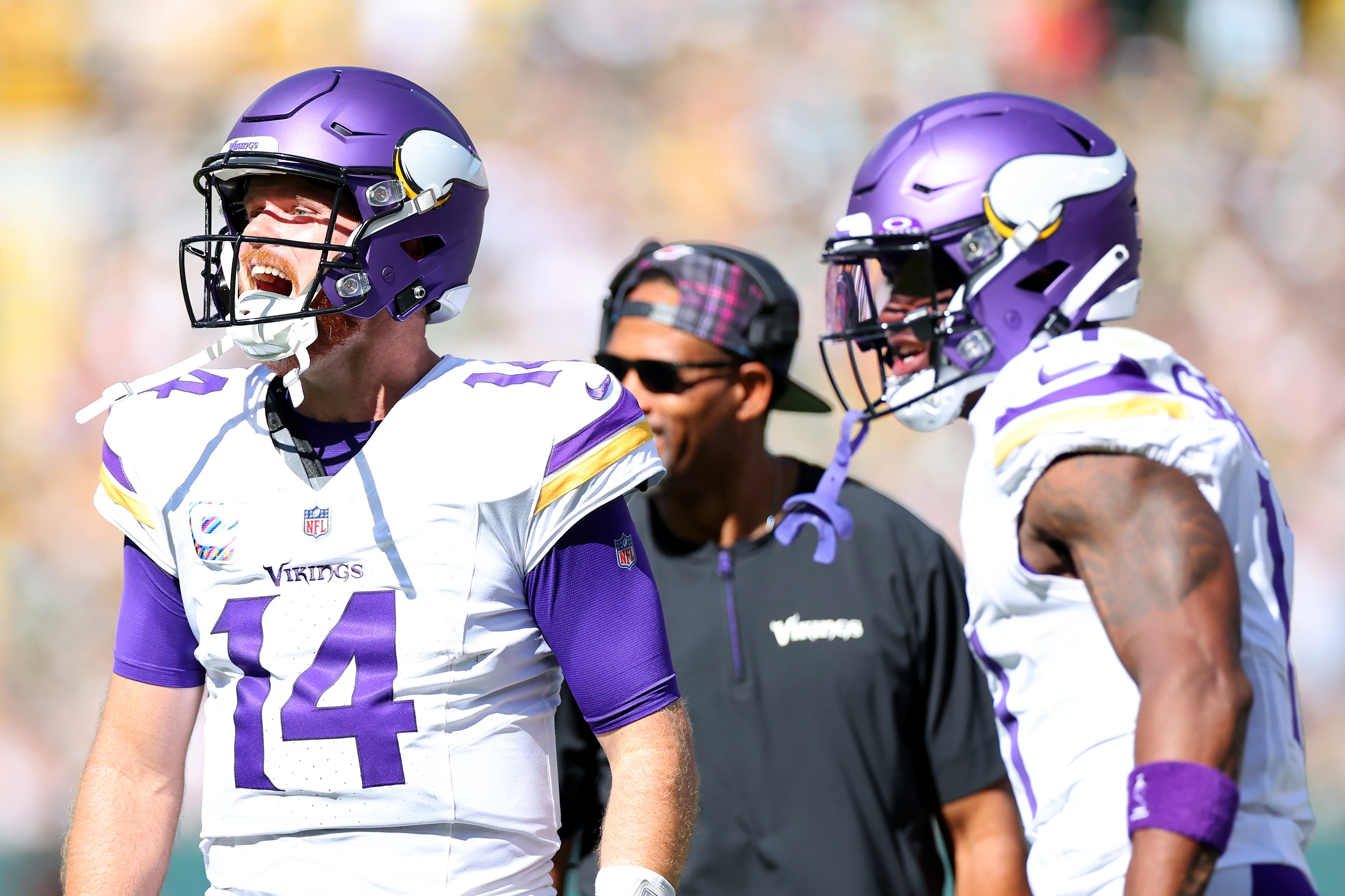 Sam Darnold #14 of the Minnesota Vikings reacts after a touchdown