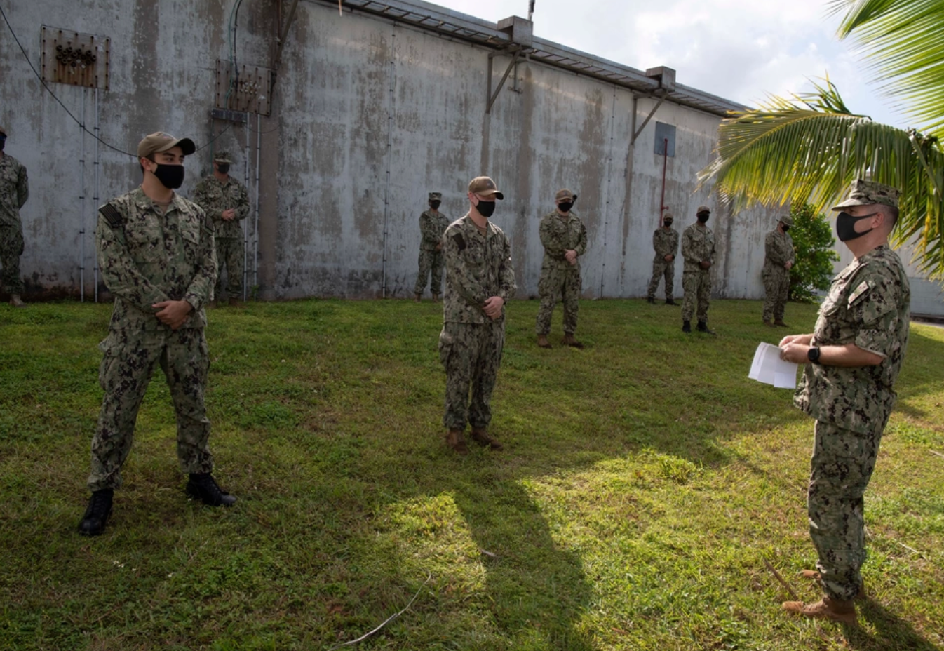 Capt. Blake Tornga, the commanding officer of US Navy Support Facility Diego Garcia, addresses the Air Operations Department during a frocking ceremony on base July 24, 2020.