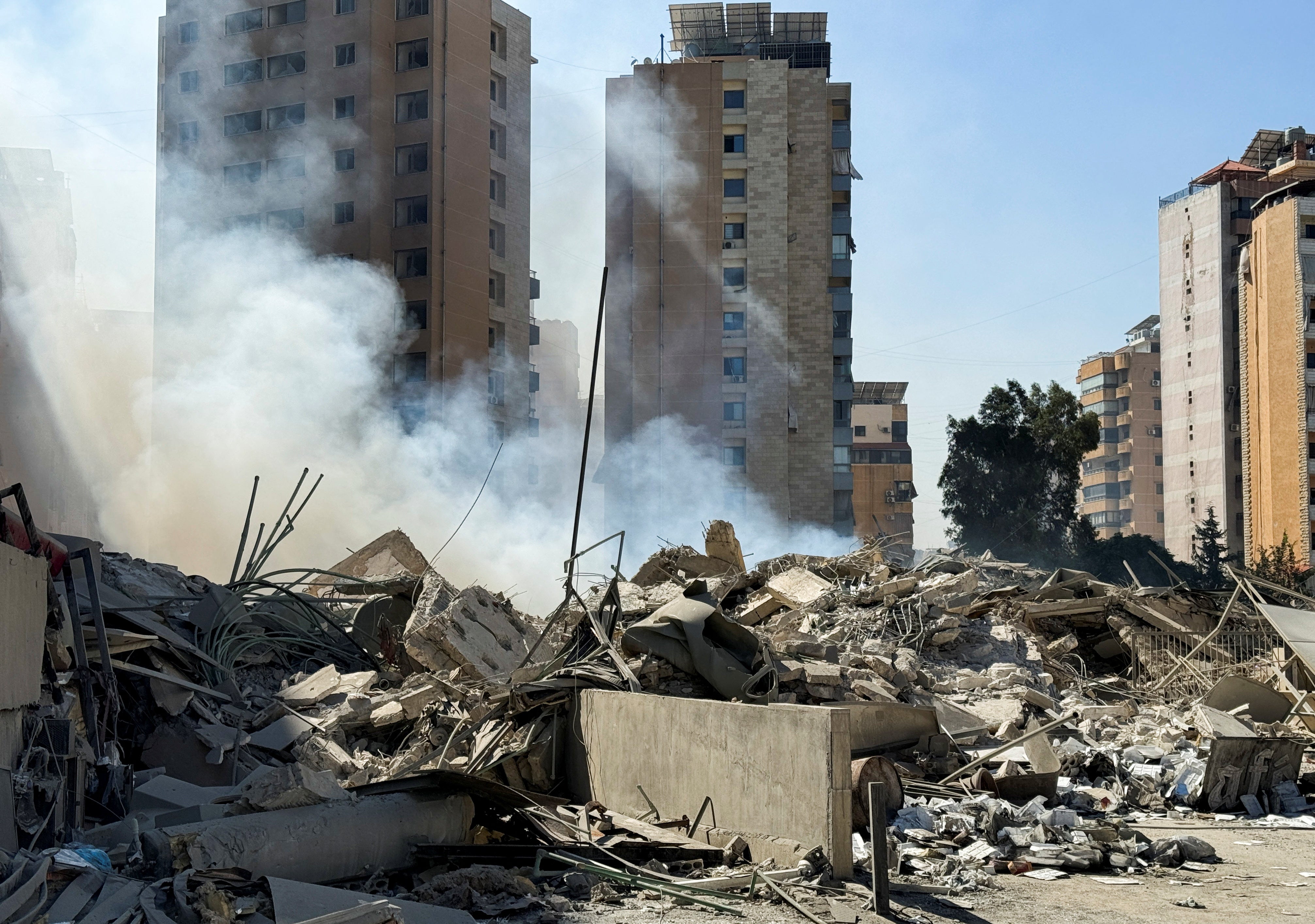 Smouldering rubble in southern Beirut following Israeli airstrikes on Lebanon