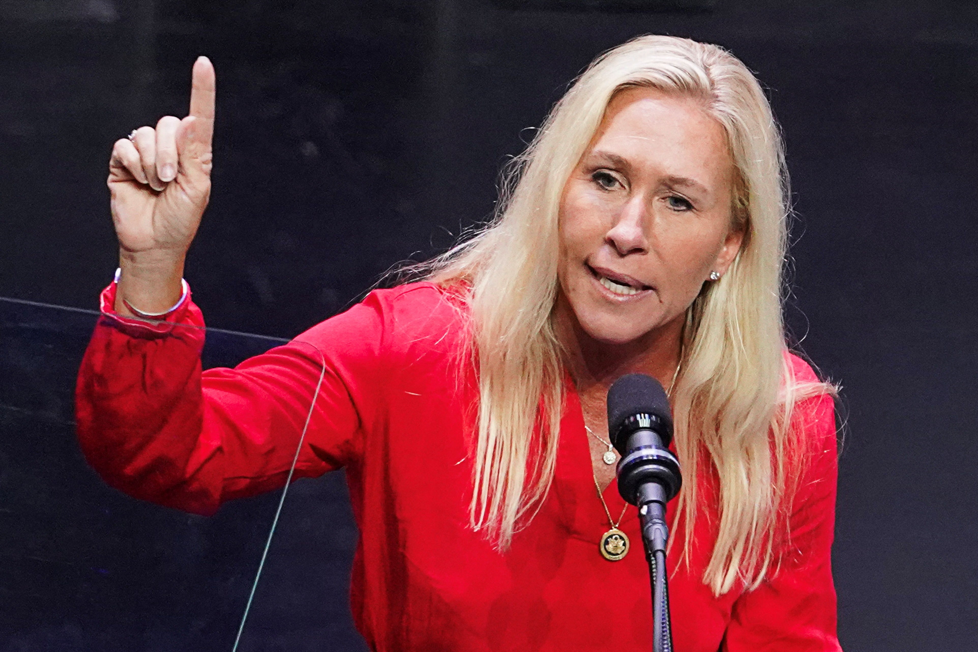 Marjorie Taylor Greene speaks at a campaign event for Donald Trump in Georgia. Greene has claimed that someone is controlling the weather in the wake of Hurricane Helene, which killed more than two dozen people in her home state