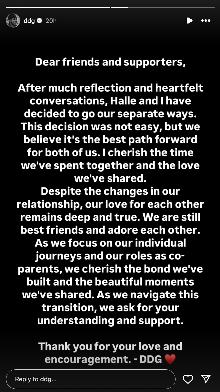 Rapper DDG announces his split from actor Halle Bailey with Instagram Story post