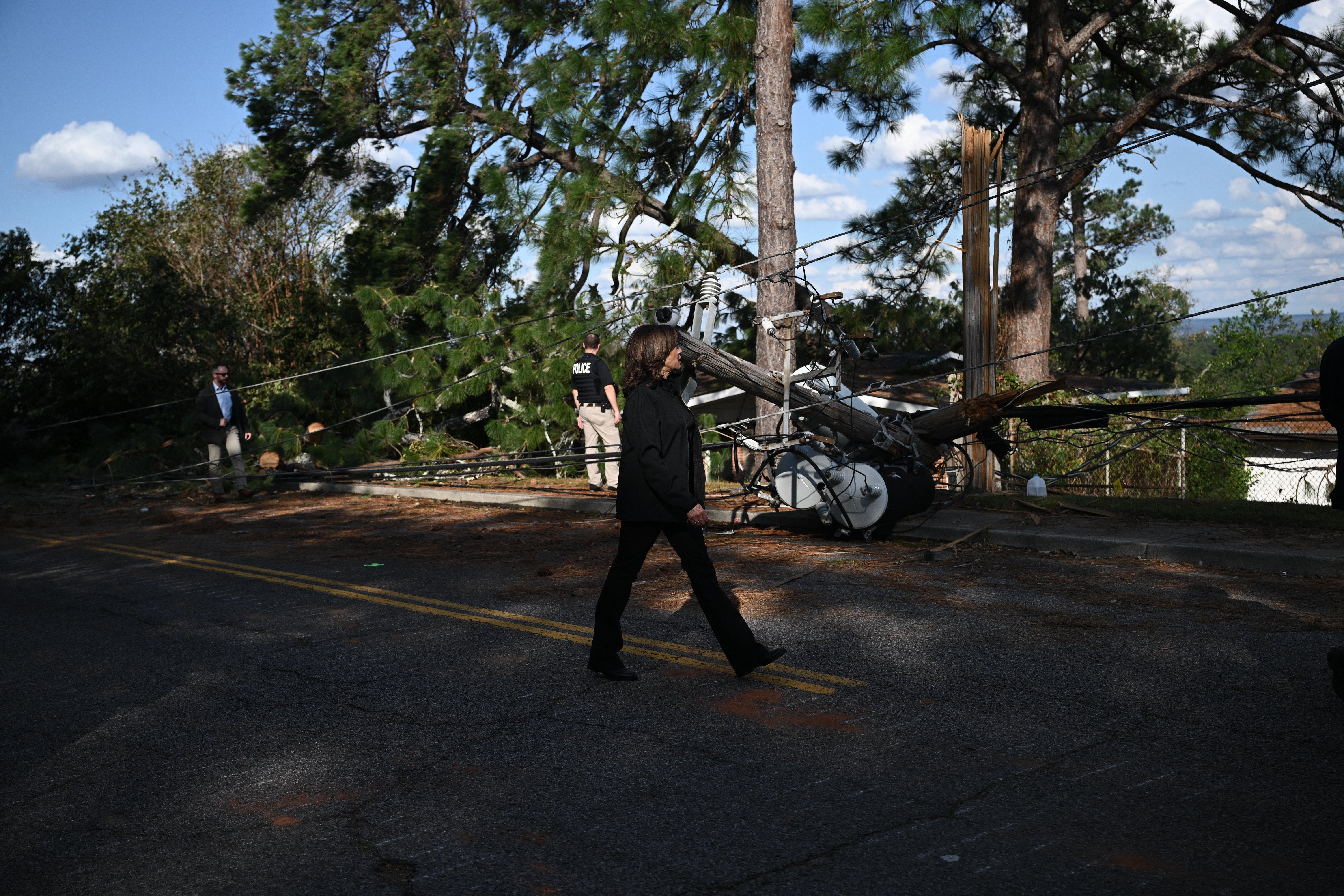 Vice President Kamala Harris surveys the damage from Hurricane Helene, in a neighborhood of Augusta, Georgia, on October 2