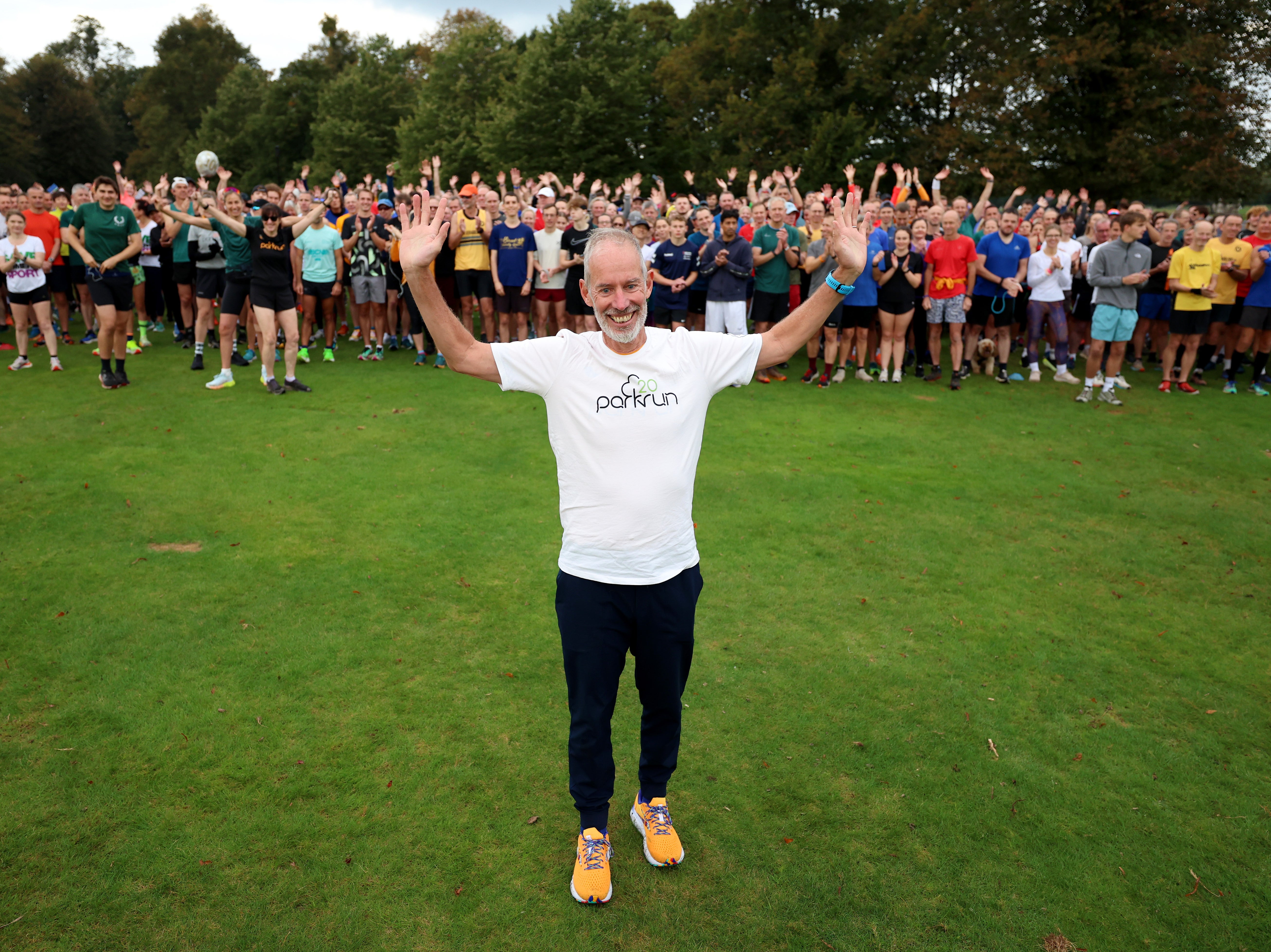 Parkrun founder Paul Sinton-Hewitt celebrates the charity’s 20th birthday at Bushy Park, where the first ever event took place