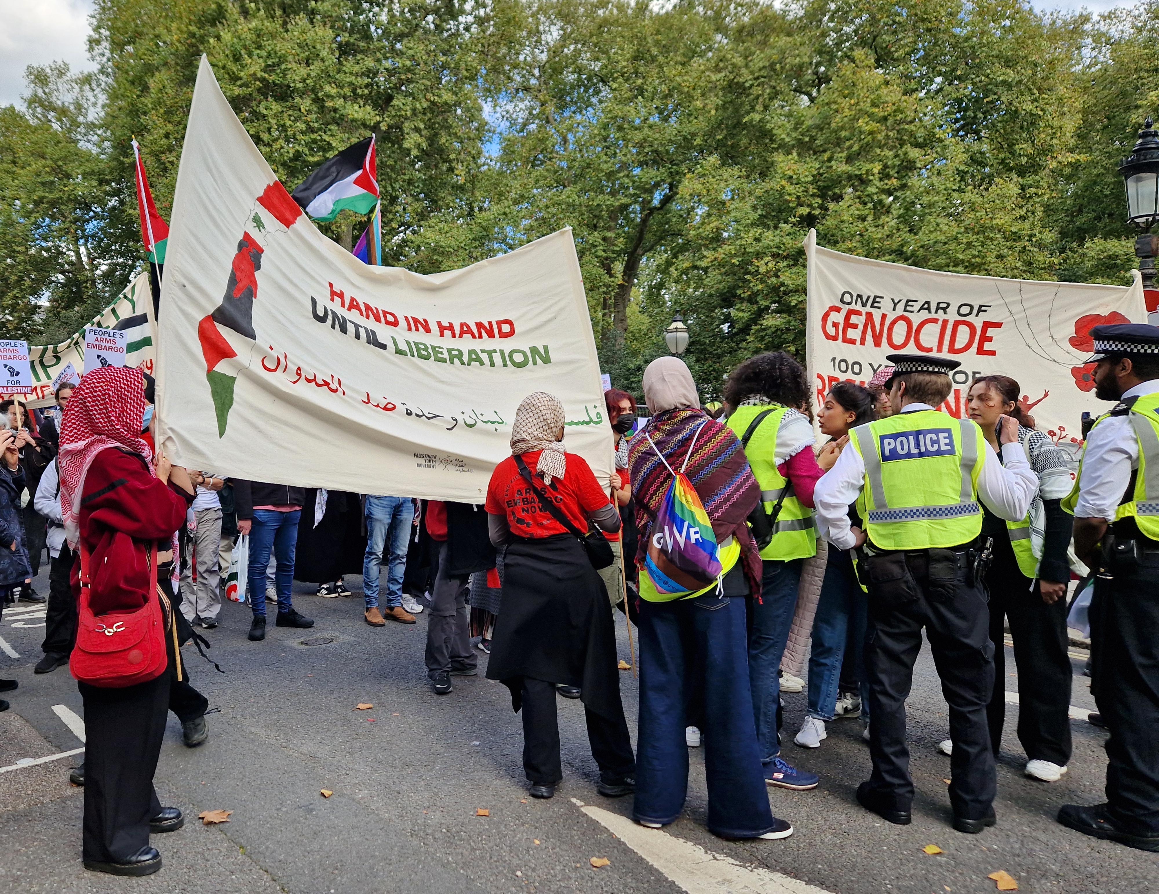 Pro-Palestinian activists gathered in Bedford Square on Saturday morning amid a heavy police presence