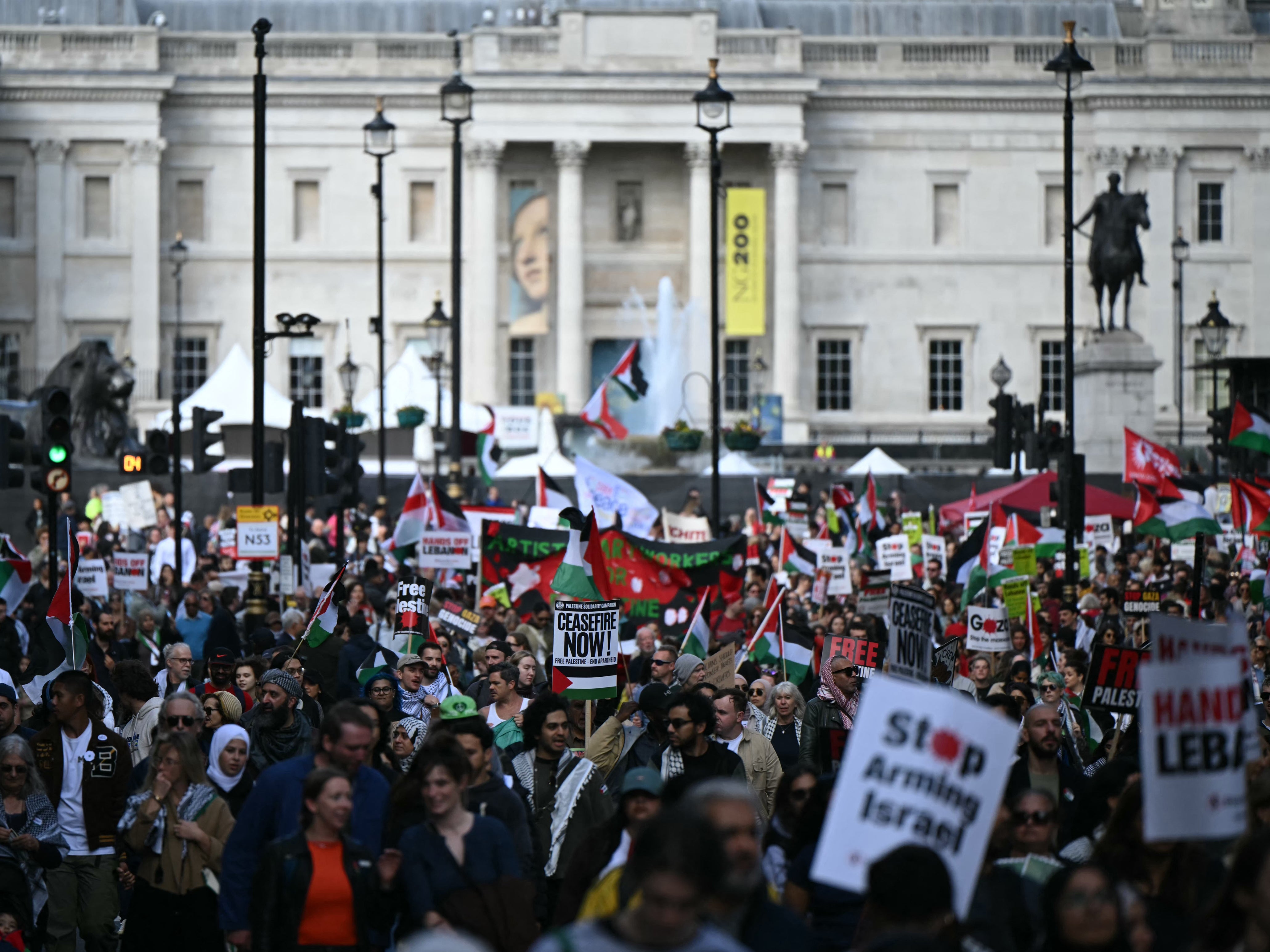 Pro-Palestinian activists and supporters wave flags and hold placards as they pass through central London on Saturday