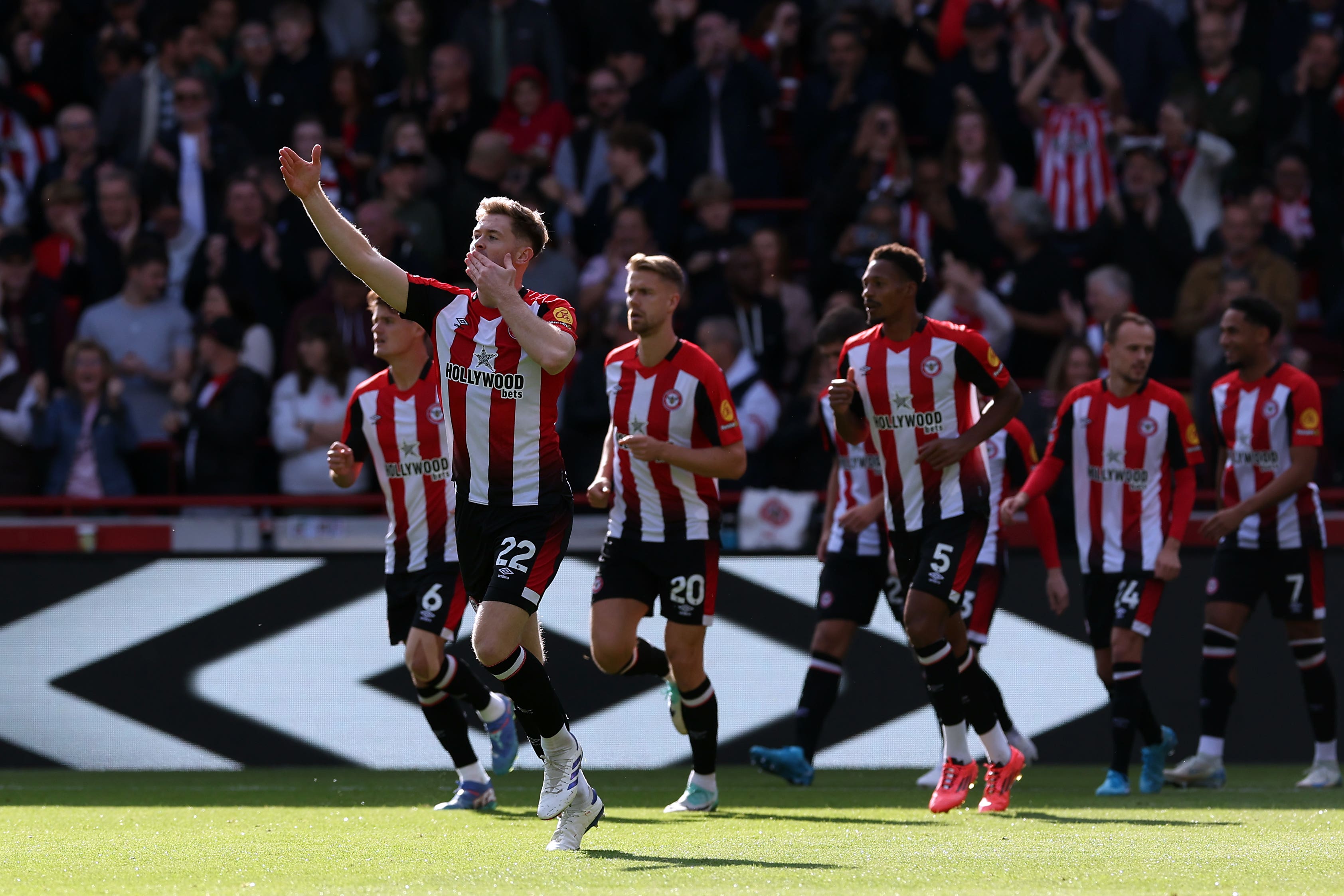 Brentford’s Nathan Collins celebrates the opening goal (Steven Paston/PA)