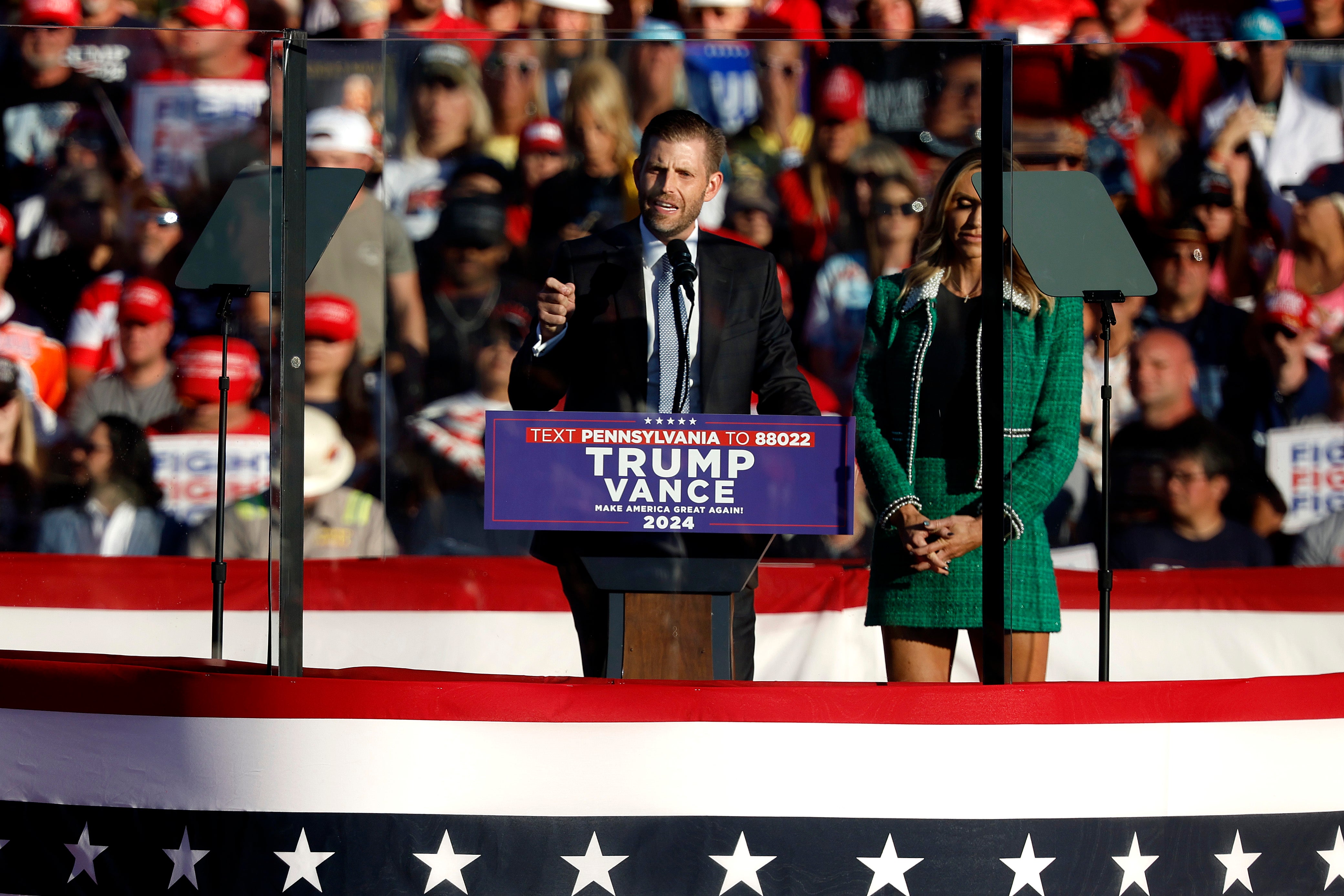 Eric Trump addresses a campaign rally at the Butler Farm Show grounds on October 05, 2024 in Butler, Pennsylvania.