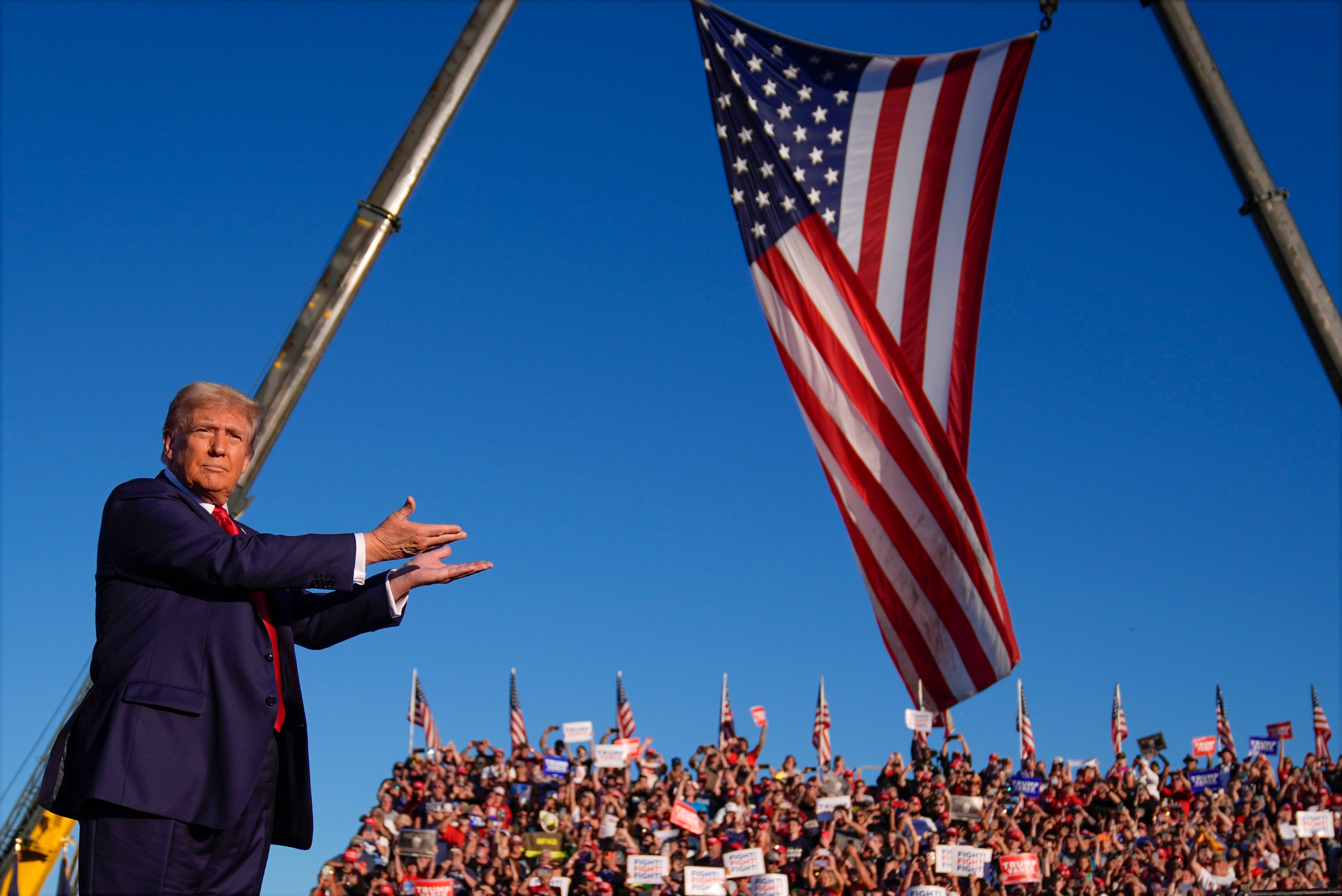 Republican presidential nominee former President Donald Trump arrives at a campaign rally at the Butler Farm Show, Saturday, Oct. 5, 2024, in Butler, Pa. (AP Photo/Evan Vucci)