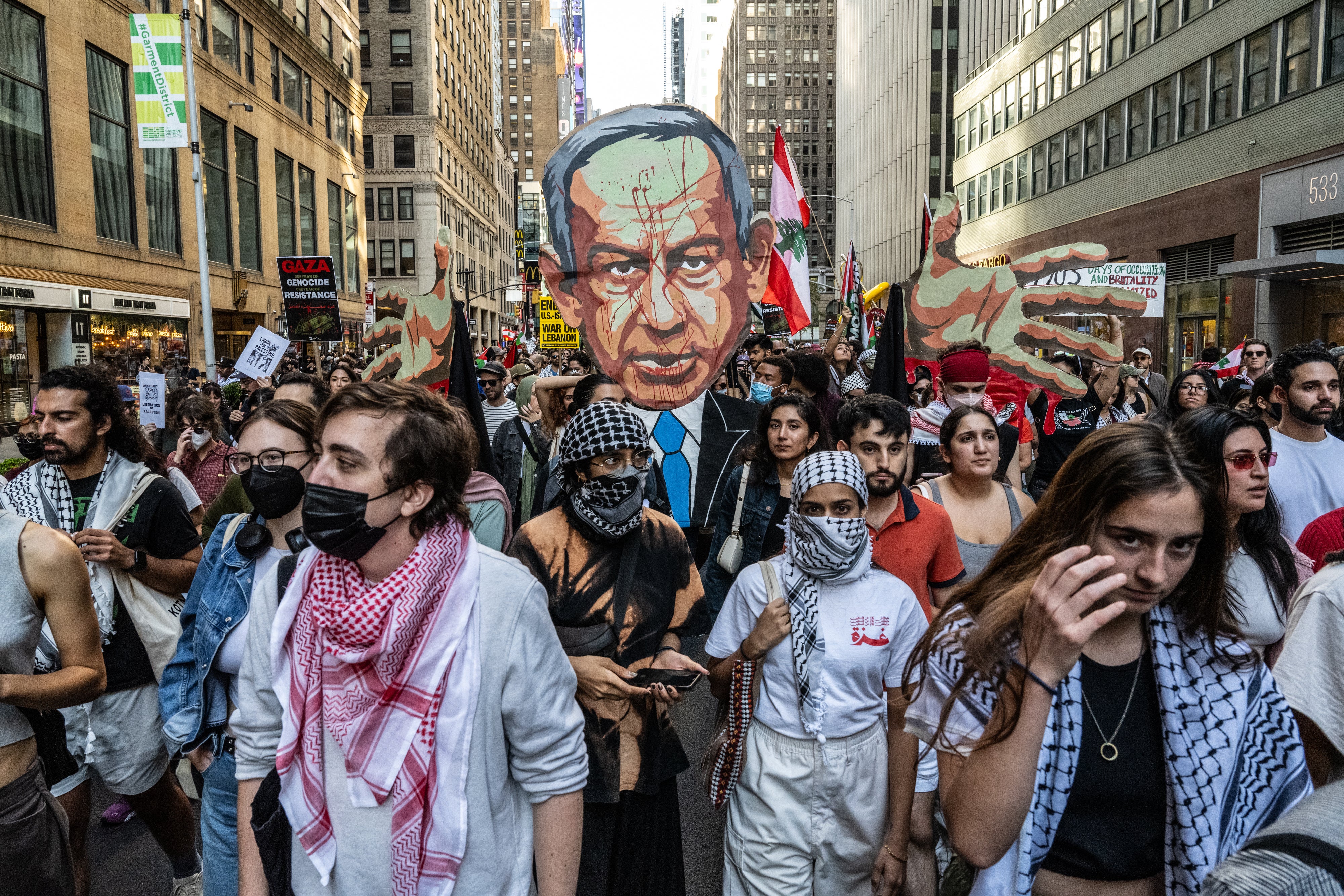 Pro-Palestinian protesters rally in support of Gaza and Lebanon in Times Square on October 5.
