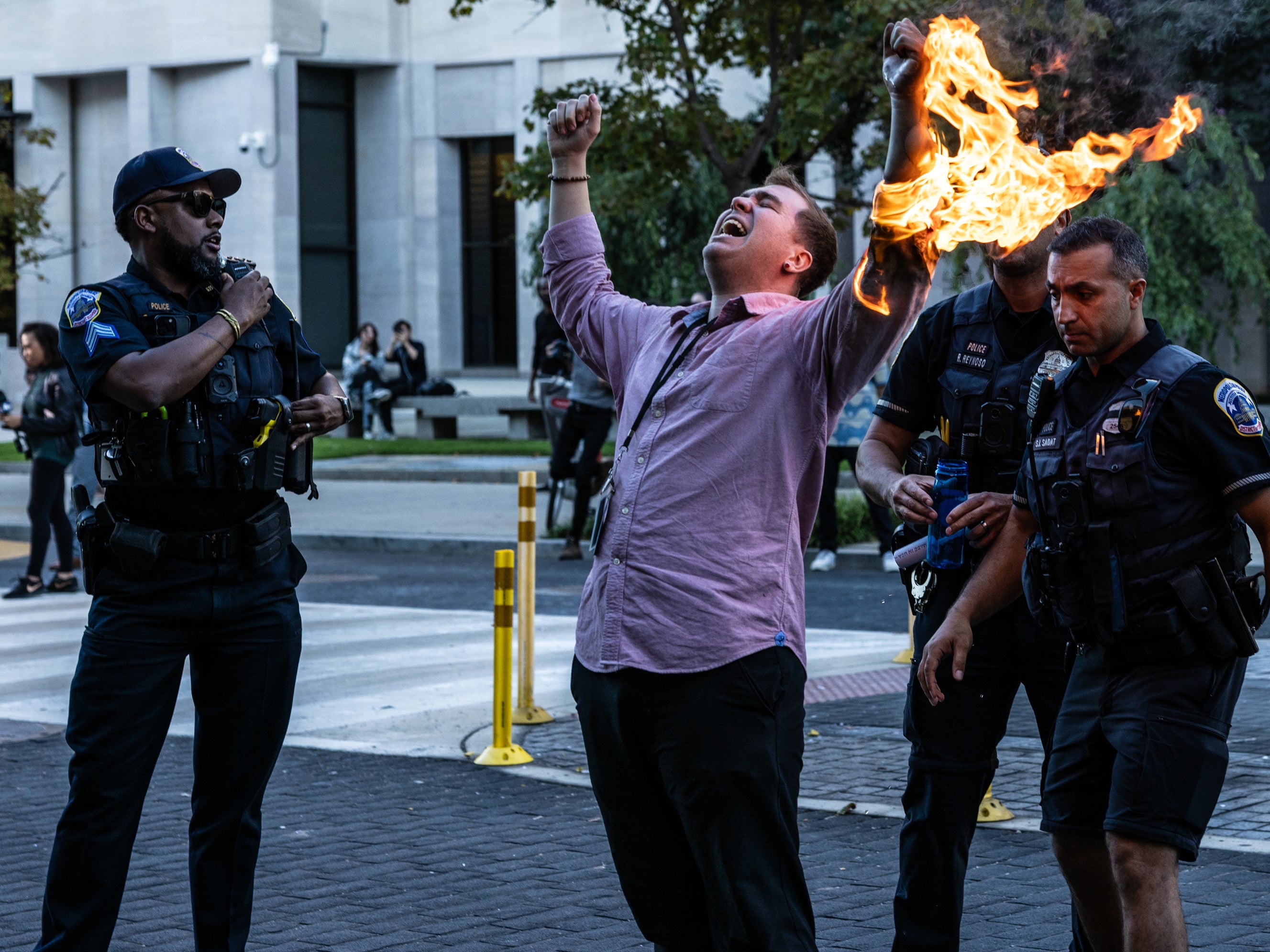 Samuel Mena Jr. attempts to self-immolate during a pro-Palestinian rally in Lafayette Park near the White House in Washington, DC on October 5.
