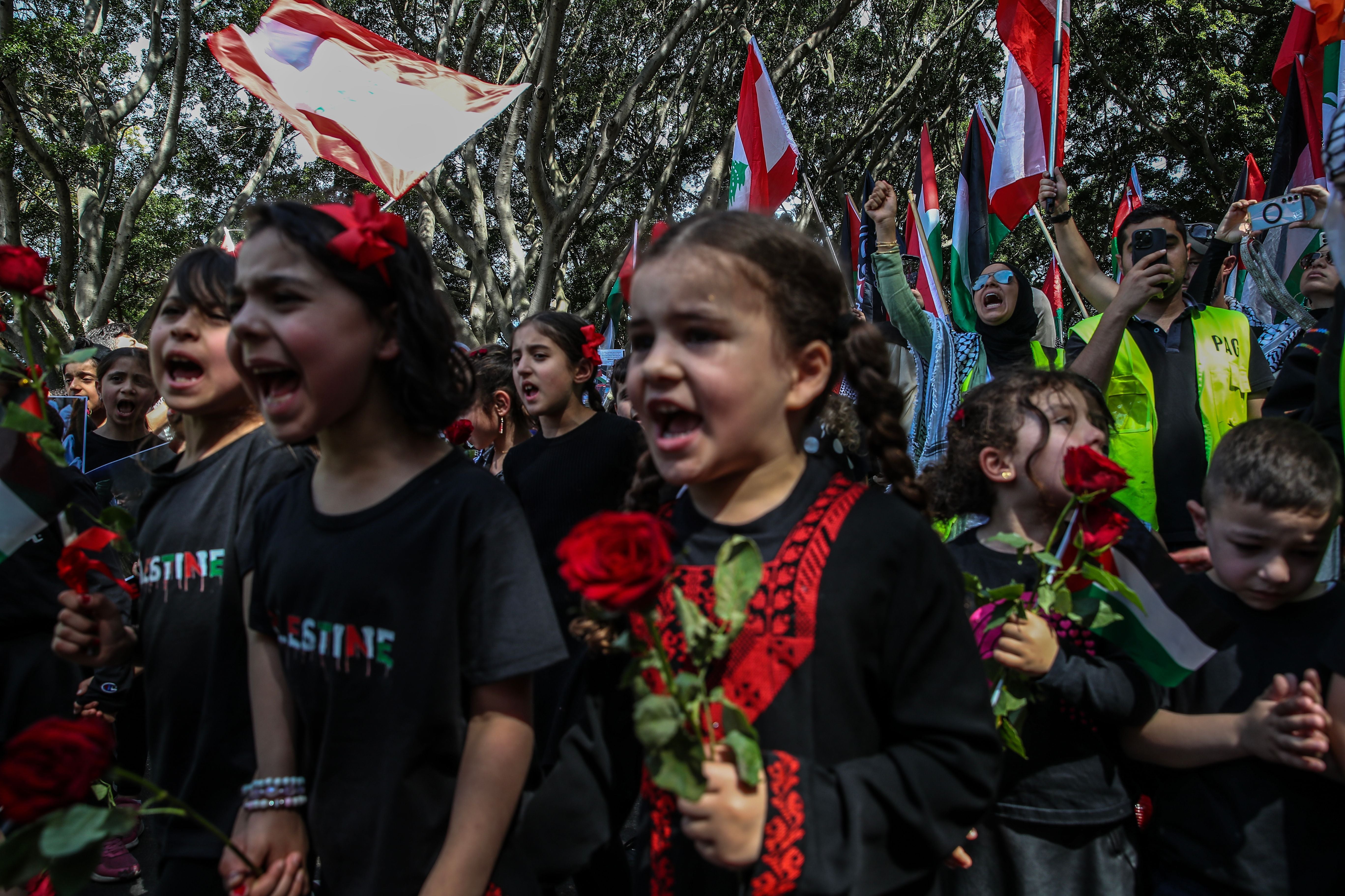 Pro-Palestine supporters gather before march through CBD at Hyde Park on Sunday in Sydney, Australia