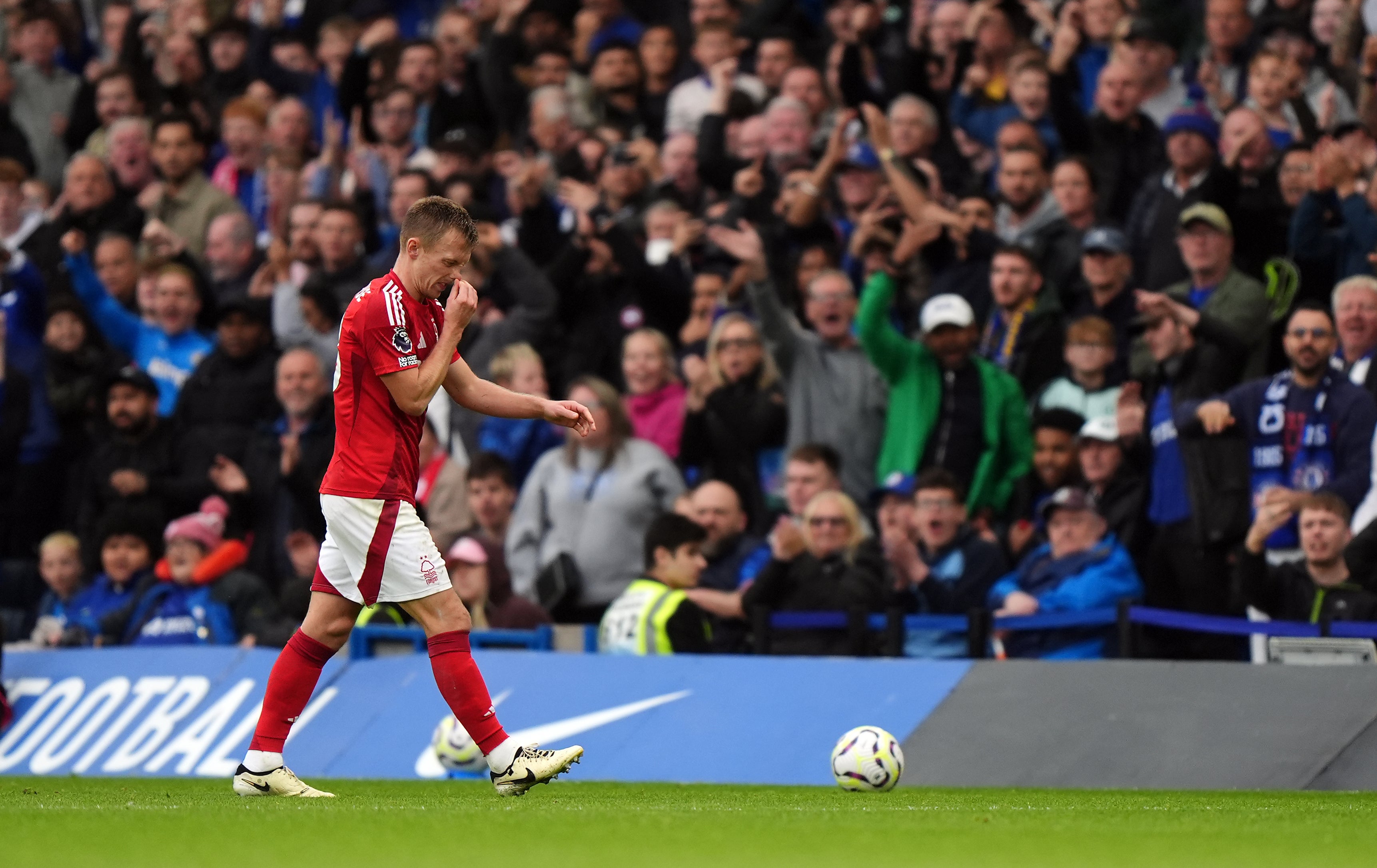 Nottingham Forest’s James Ward-Prowse leaves the pitch after being sent off