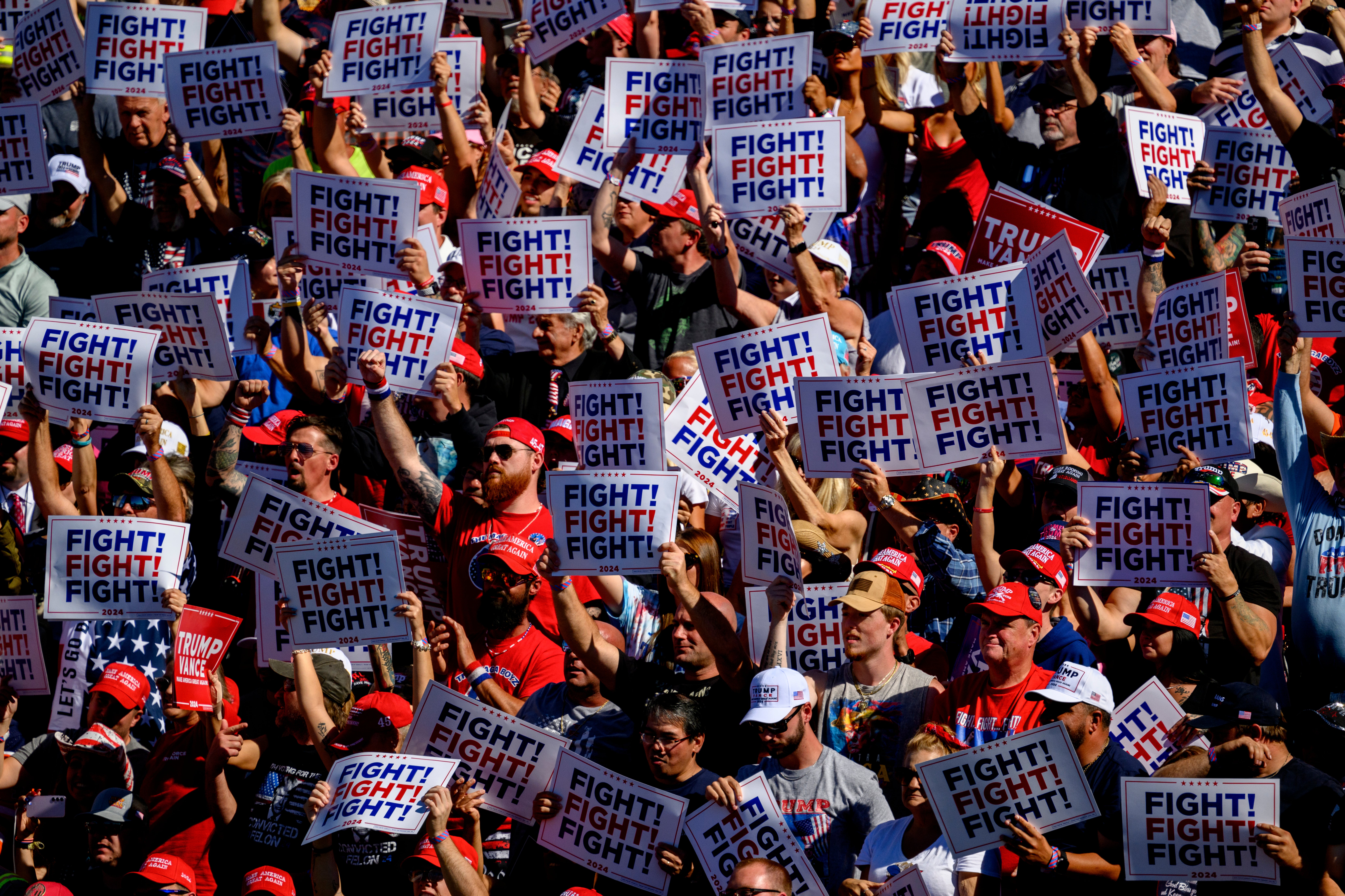 BUTLER, PENNSYLVANIA - OCTOBER 05: Supporters gather at a campaign rally for Republican presidential nominee, former U.S. President Donald Trump, at the Butler Farm Show Grounds on October 5, 2024 in Butler, Pennsylvania. Trump is returning to Butler after being wounded in an assassination attempt on July 13th. (Photo by Jeff Swensen/Getty Images)