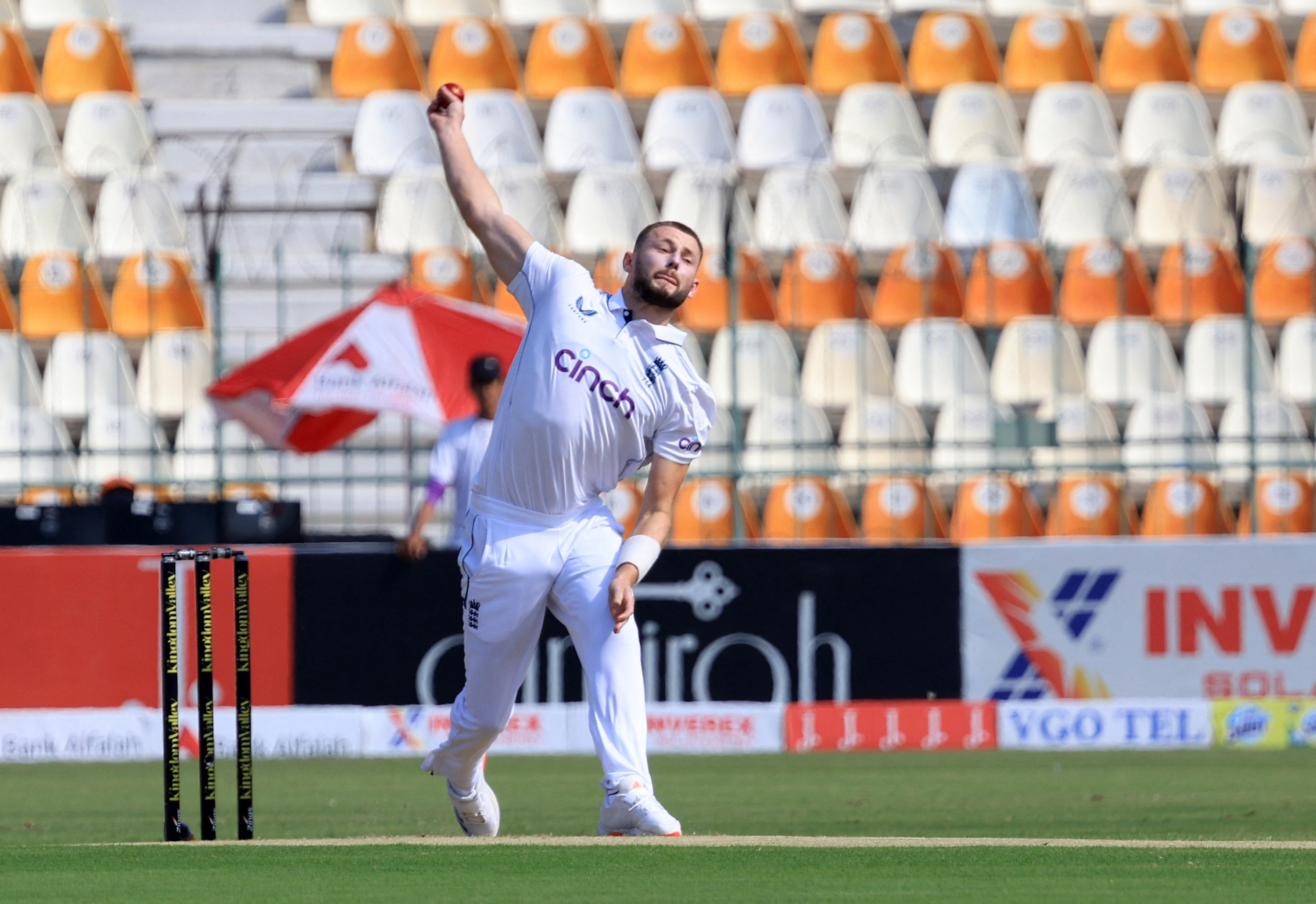 Gus Atkinson took the wicket of Saim Ayub on the opening day of England’s first test against Pakistan