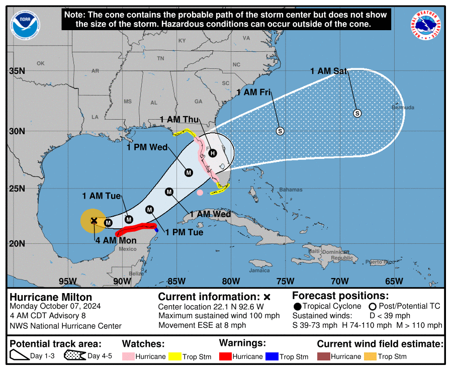 National Hurricane Center’s map charts the expected path of Milton’s cone over the coming days into the weekend