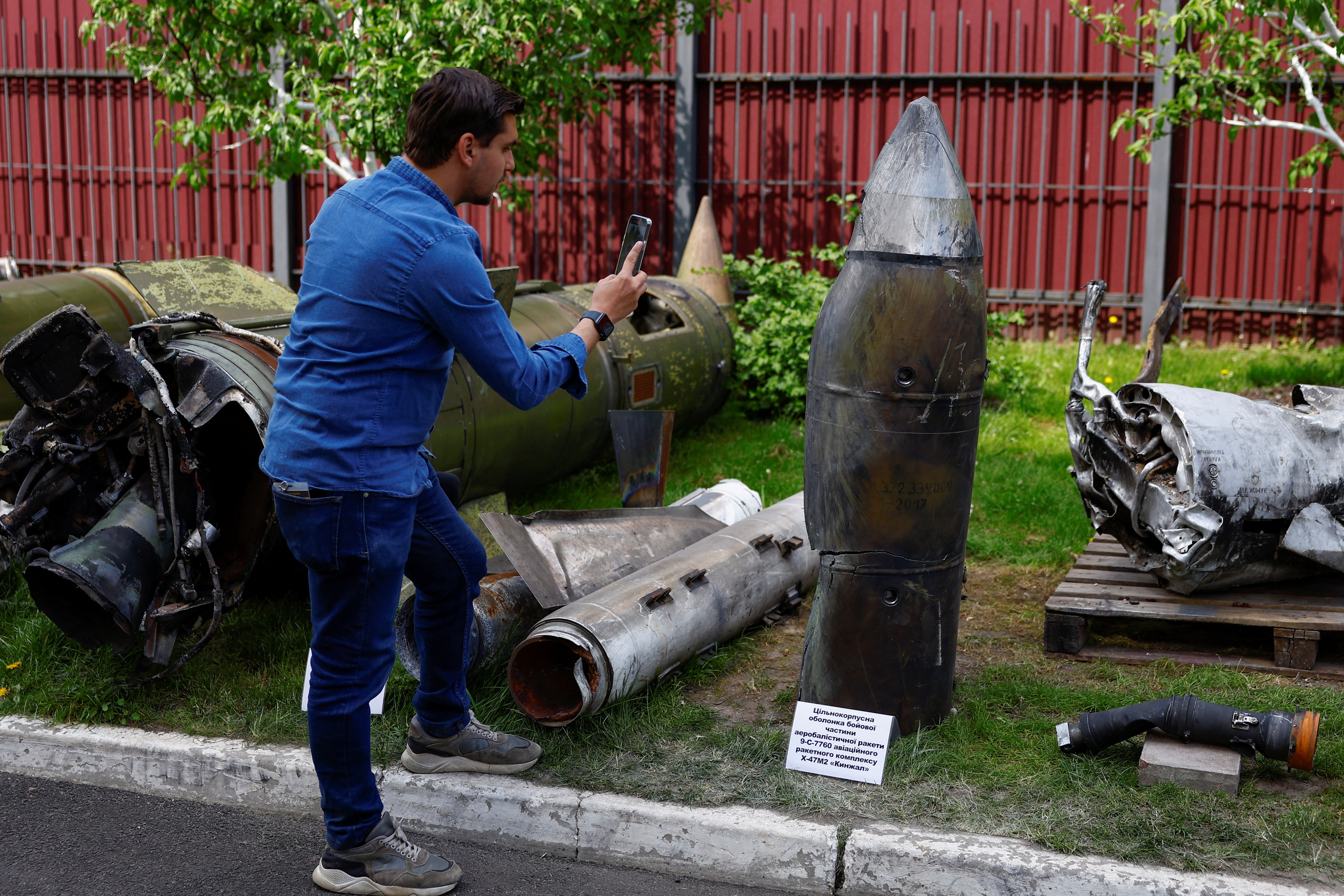 The debris of a Kh-47 Kinzhal Russian hypersonic missile warhead downed by Ukraine last year