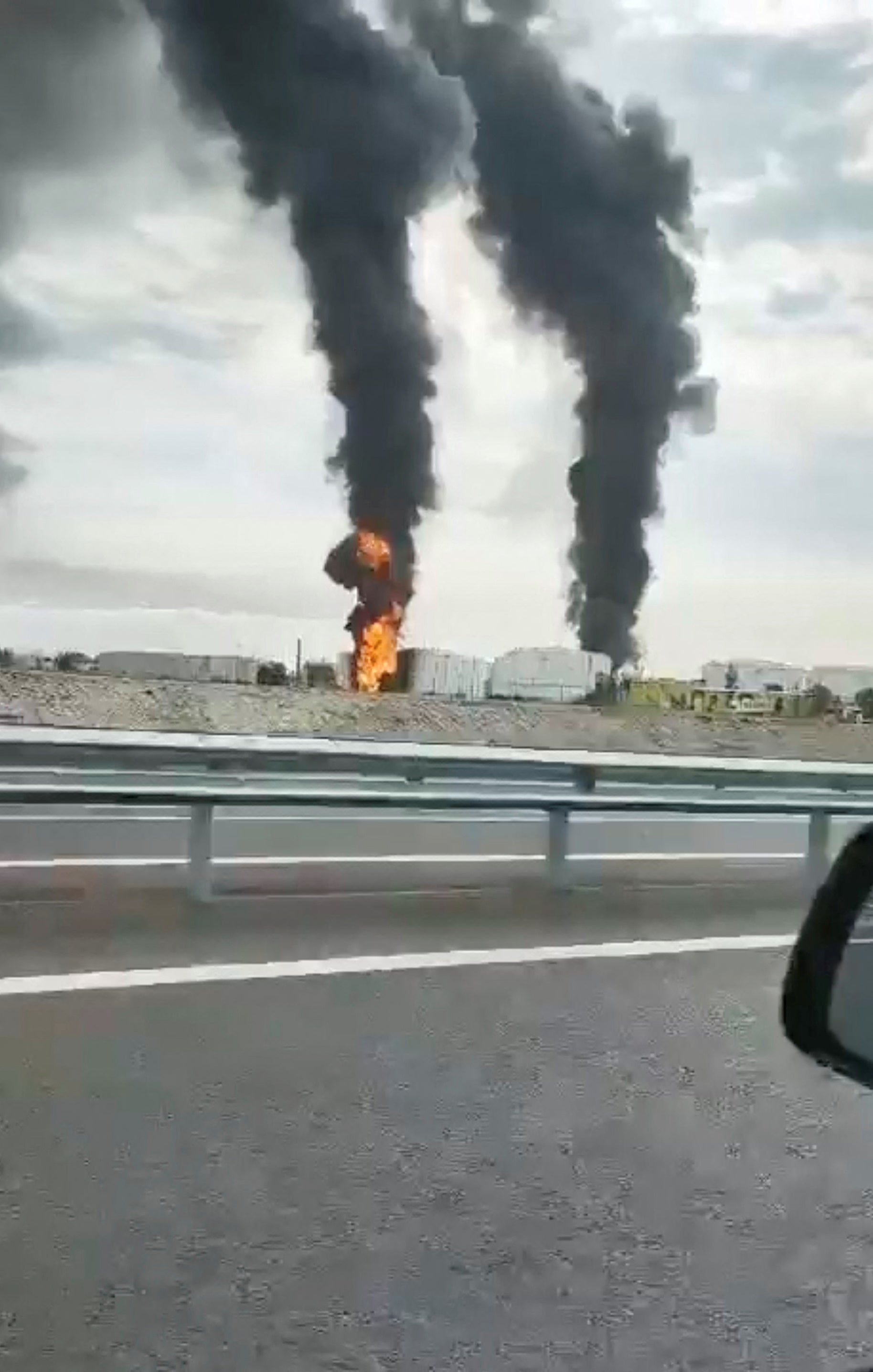 Footage showed a huge fire and thick black smoke billowing from the oil depot after Ukraine claimed it had struck the site