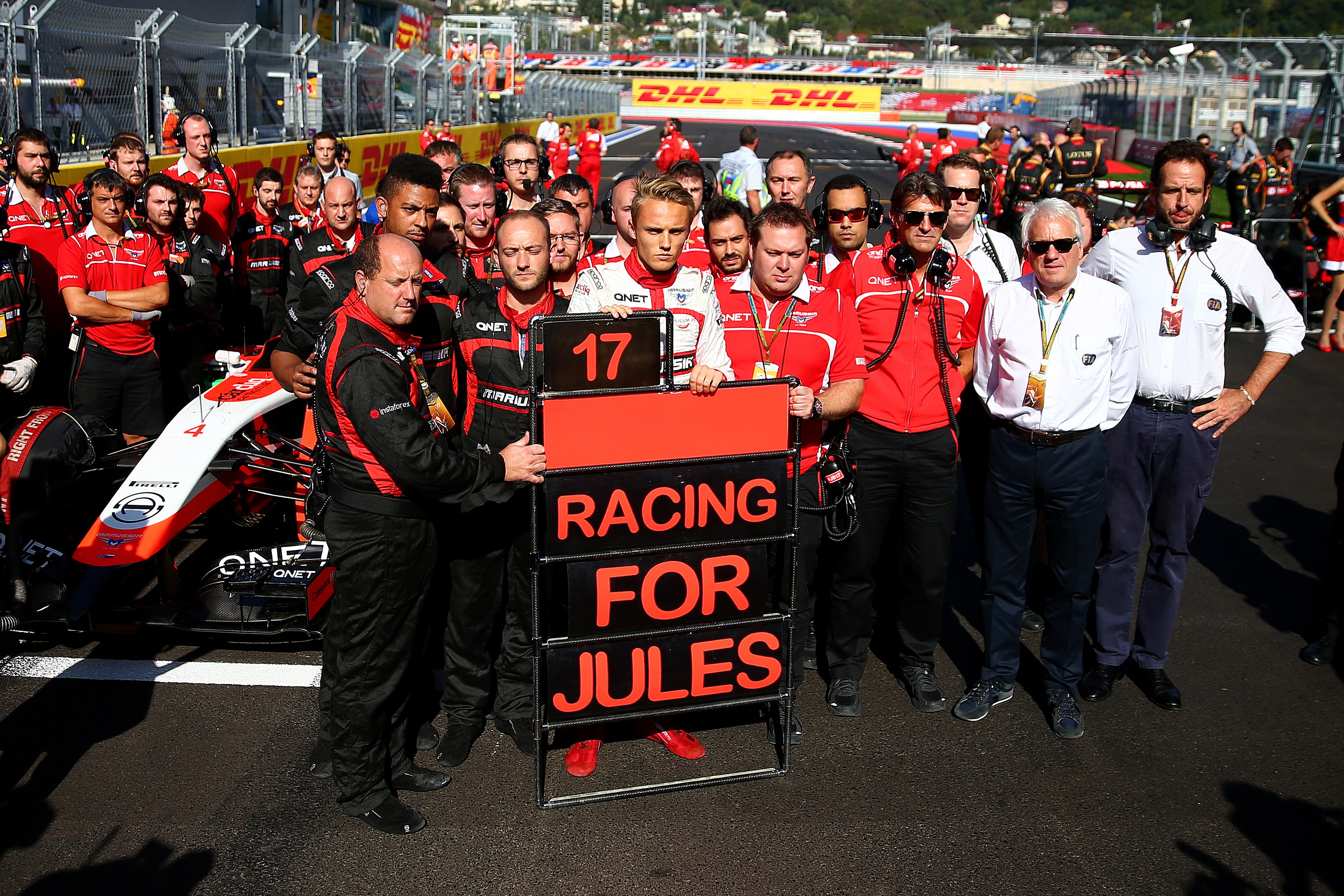 Chilton and his Marussia team at the 2014 Russian Grand Prix - the final race for both driver and team