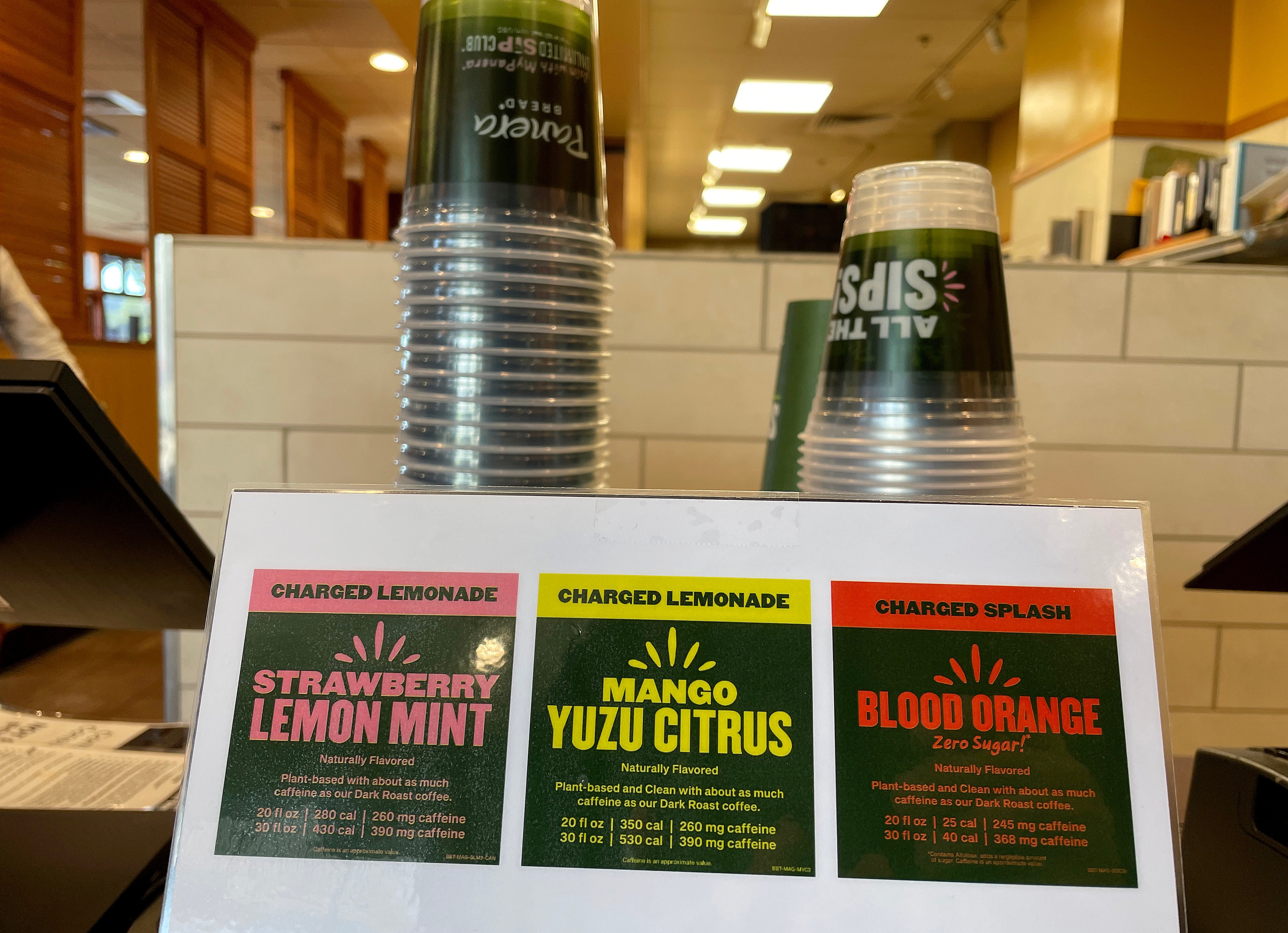 Flavors of charged lemonade are displayed at a Panera Bread restaurant in Novato, California. The chain has now settled a lawsuit with someone who died after drinking a ‘charged’ drink from Panera