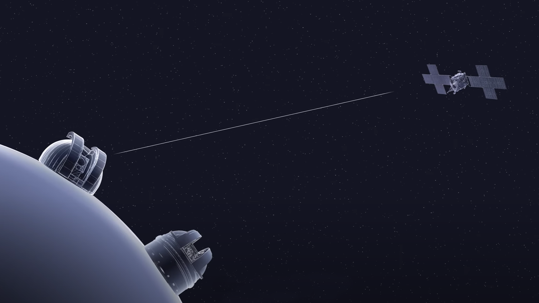 NASA’s Psyche spacecraft is depicted receiving a laser signal from the Deep Space Optical Communications uplink ground station at JPL’s Table Mountain Facility in this artist’s concept