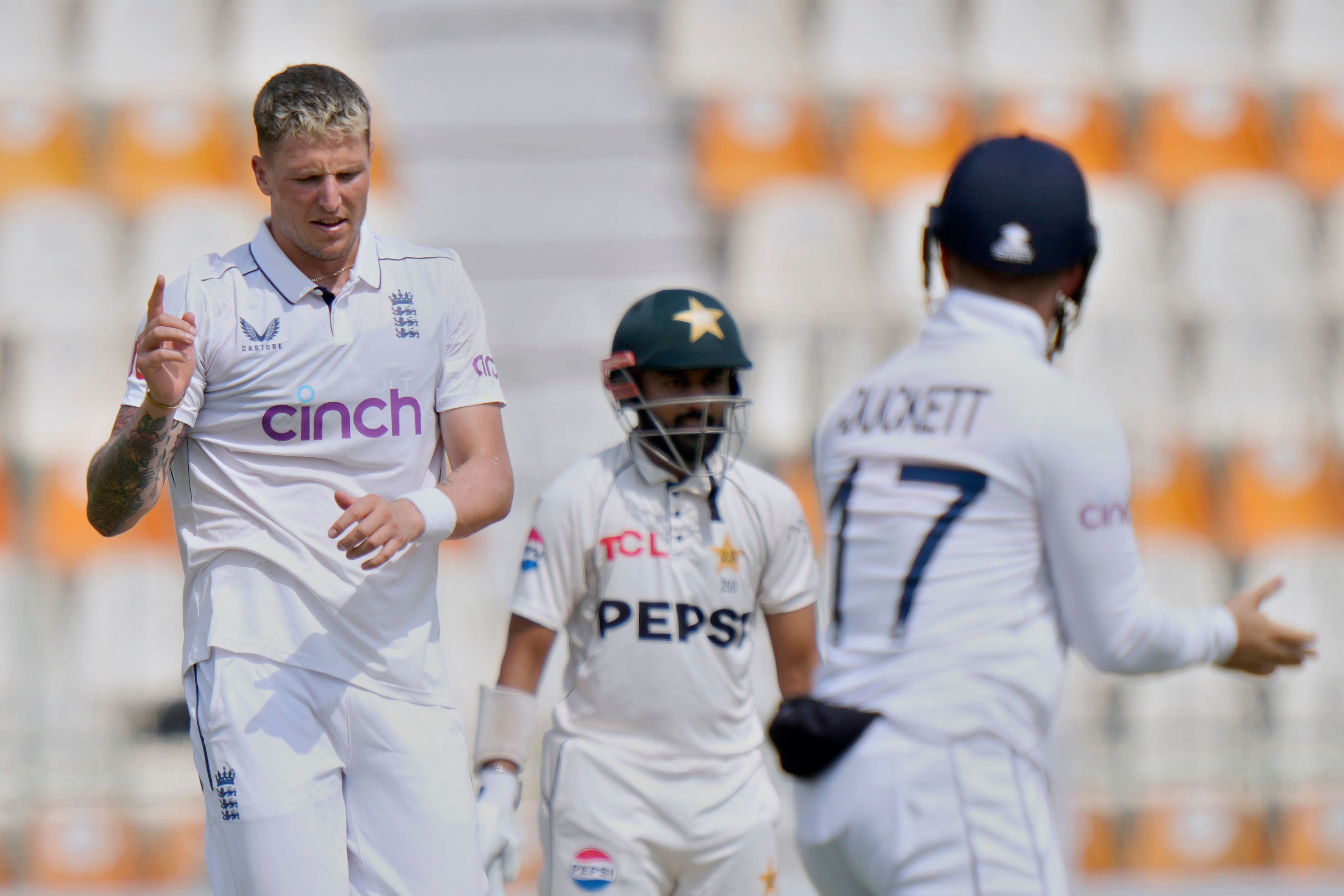Brydon Carse made a breakthrough for England but Pakistan remained firmly on top in the first Test (Anjum Naveed/AP)