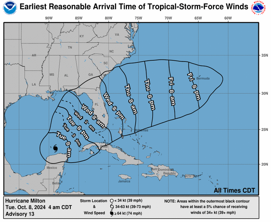 Map shows the timings that Hurricane and tropical storm-force winds are expected to hit the Southeast