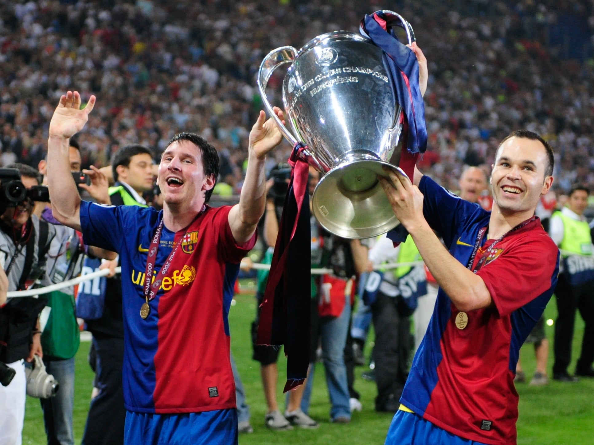 Iniesta (right) also won a number of trophies during Barcelona’s dominant era alongside Lionel Messi; including the Champions League