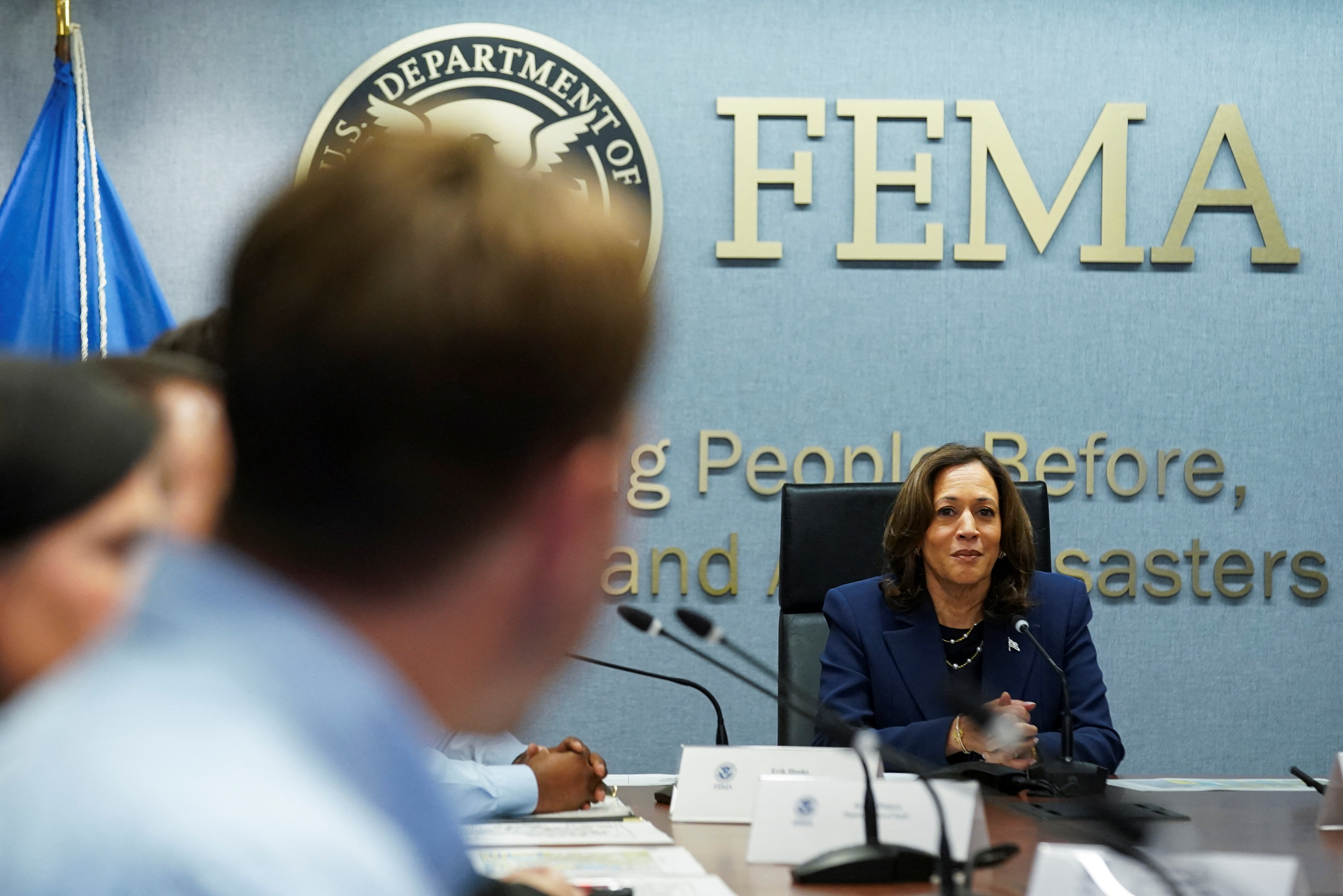 Democratic presidential nominee and U.S. Vice President Kamala Harris takes part in a briefing at the DC FEMA headquarters last month. The agency has faced misinformation and a budget crunch in recent weeks