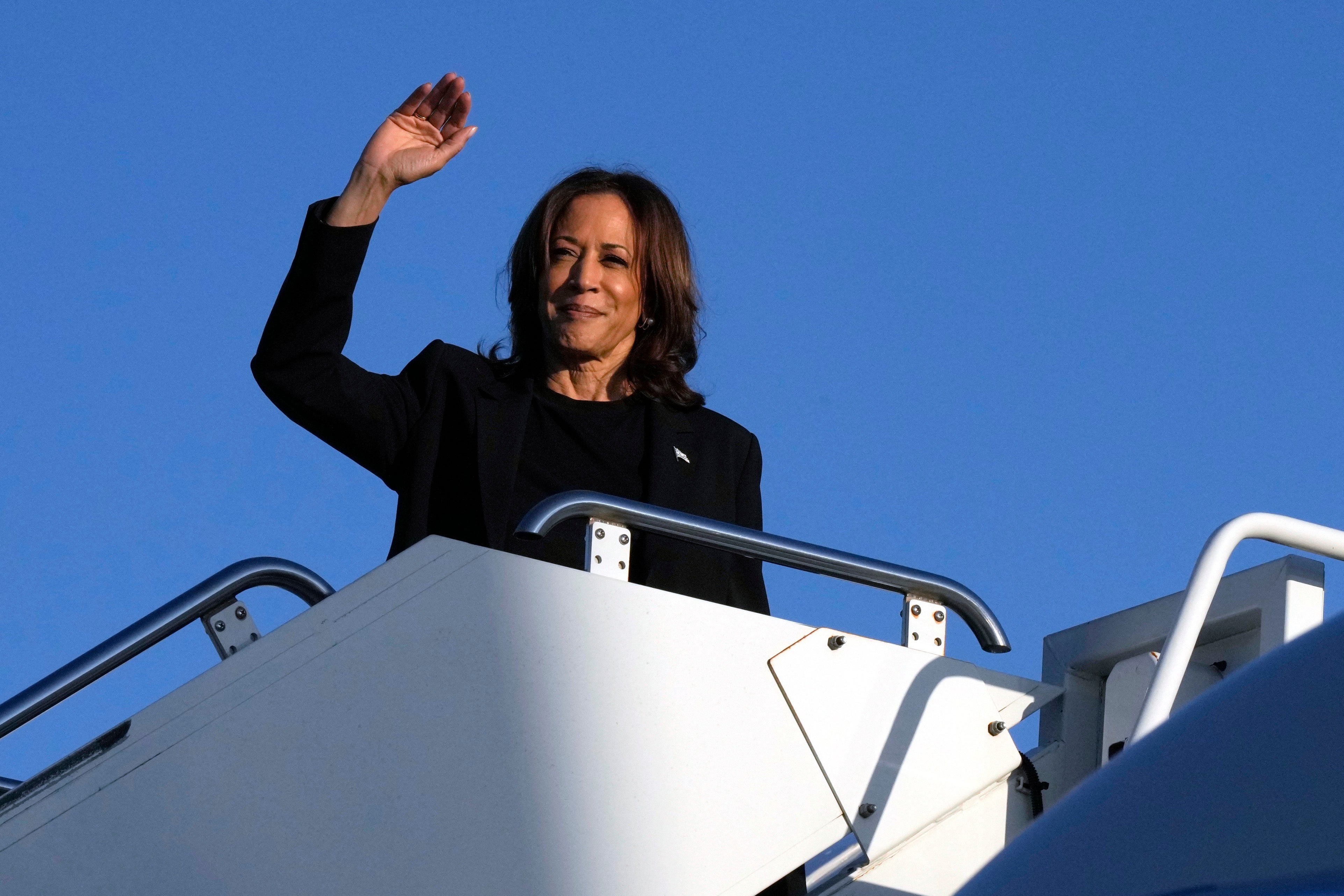 The Harris campaign has likely raised more money in a shorter span than any presidential campaign in U.S. history. Kamala Harris is pictured boarding Air Force 2 in Charlotte, North Carolina, on October 5