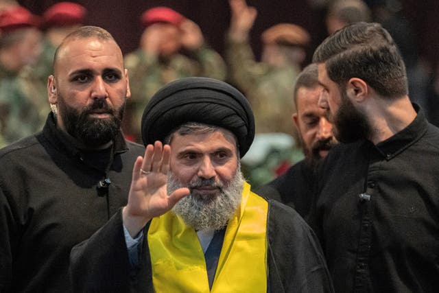 <p>File: Senior Hezbollah official Hashem Safieddine (C) attends the funeral ceremony of slain top commander Fuad Shukr in Beirut’s southern suburbs on 1 August 2024</p>