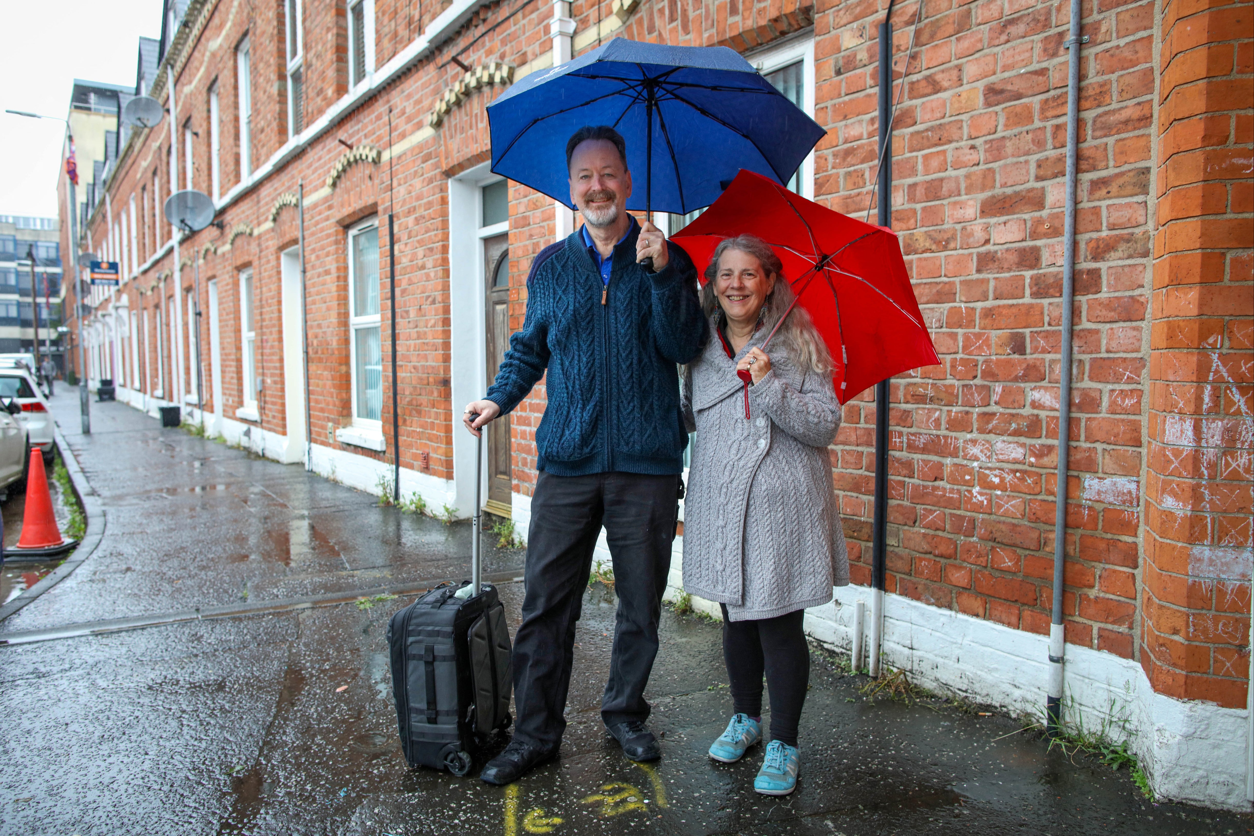 Randy and Kit Cassingham from Colorado, USA, outside their temporary home, a rented apartment in south Belfast in late September