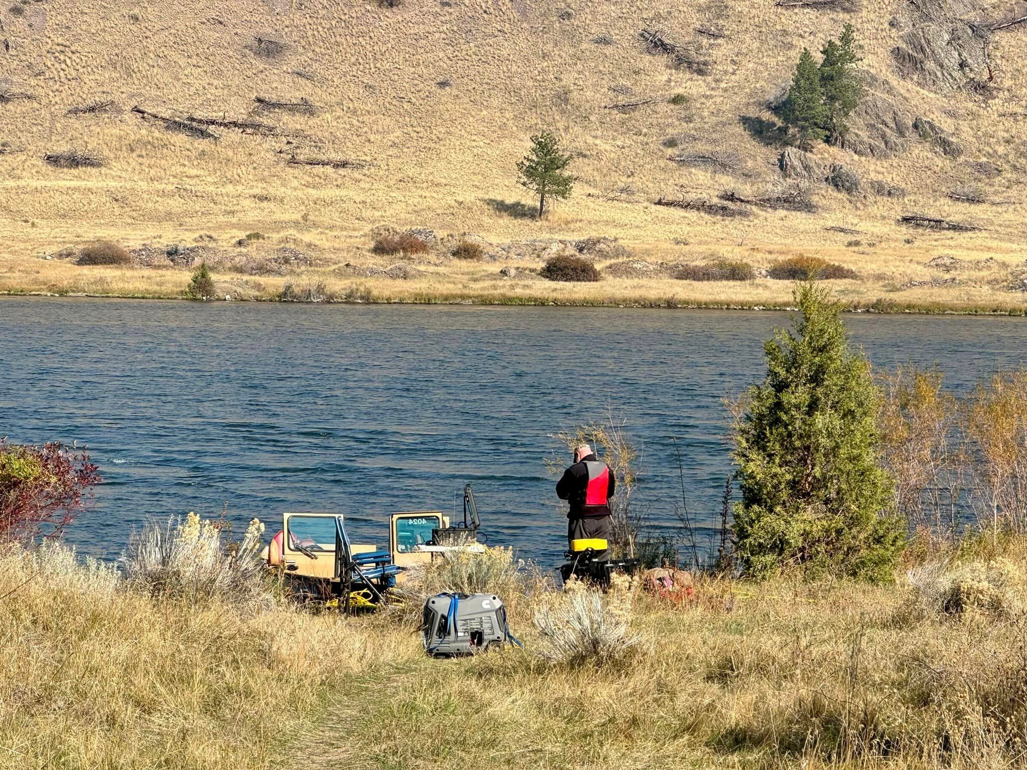 A search and rescue volunteer setting up a sonar machine. The Lewis and Clark County Sheriff’s Office found the body of Meghan Rouns, who disappeared while riding her horse on Friday near Helena, Montana