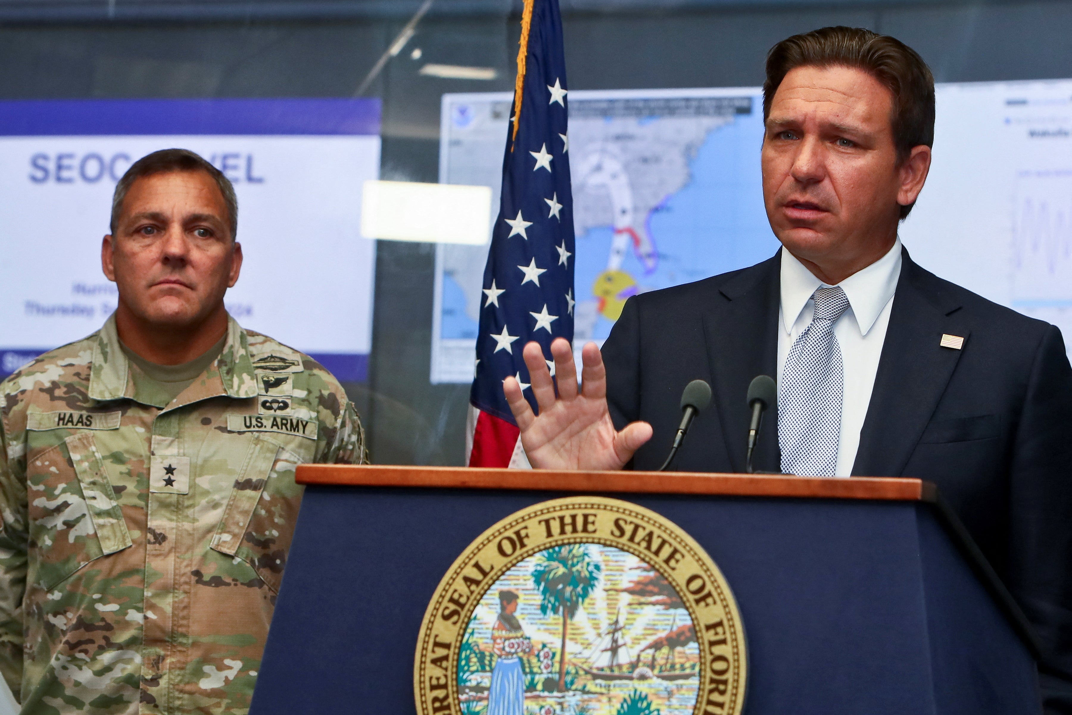 Speaking at a press conference on Thursday in the wake of Hurricanes Milton and Helene, DeSantis (right) said there was a ‘precedent’ for the immense destruction