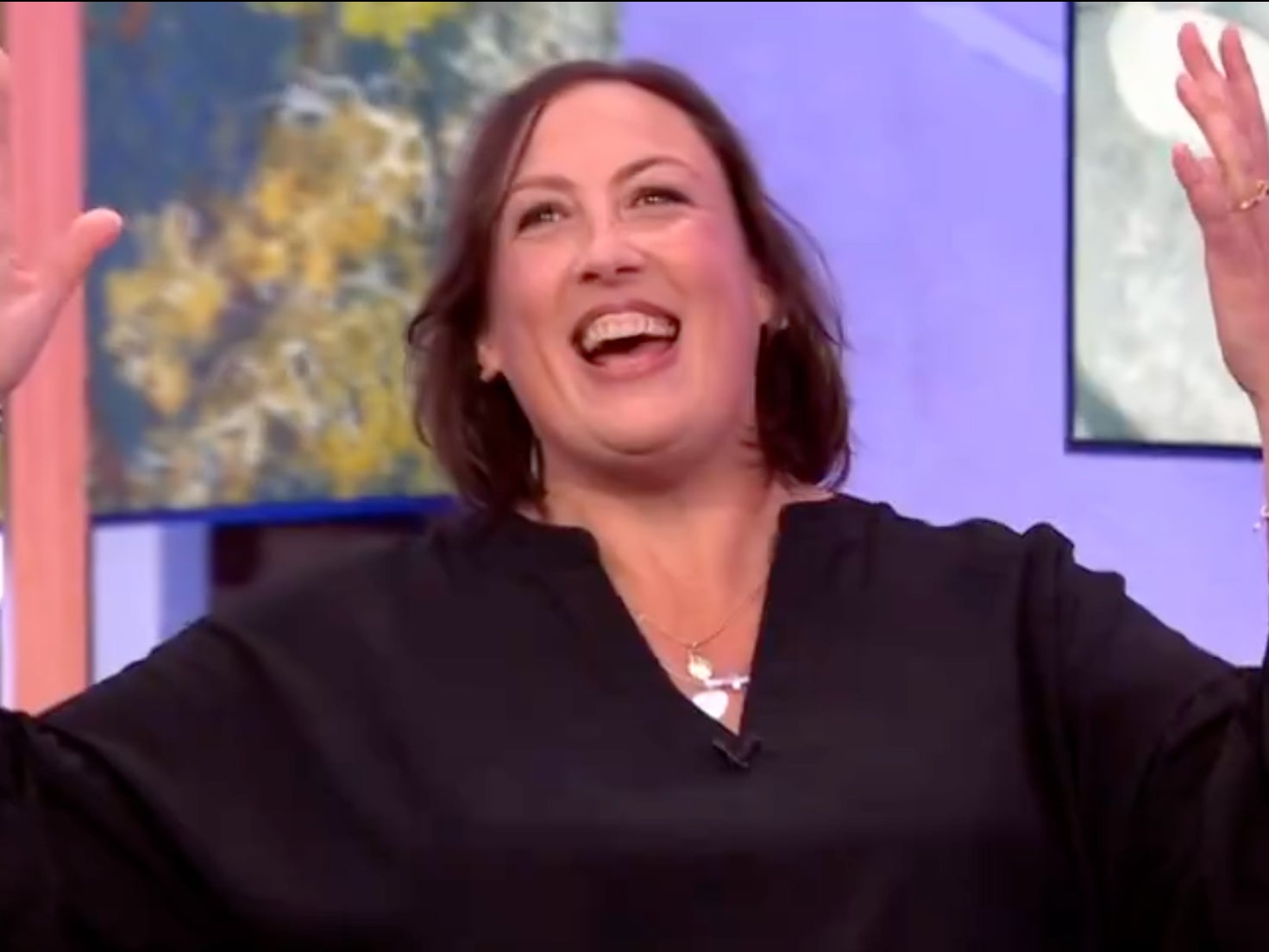 Miranda Hart was delighted to confirm her marriage on The One Show , where she debuted her gold wedding ring.