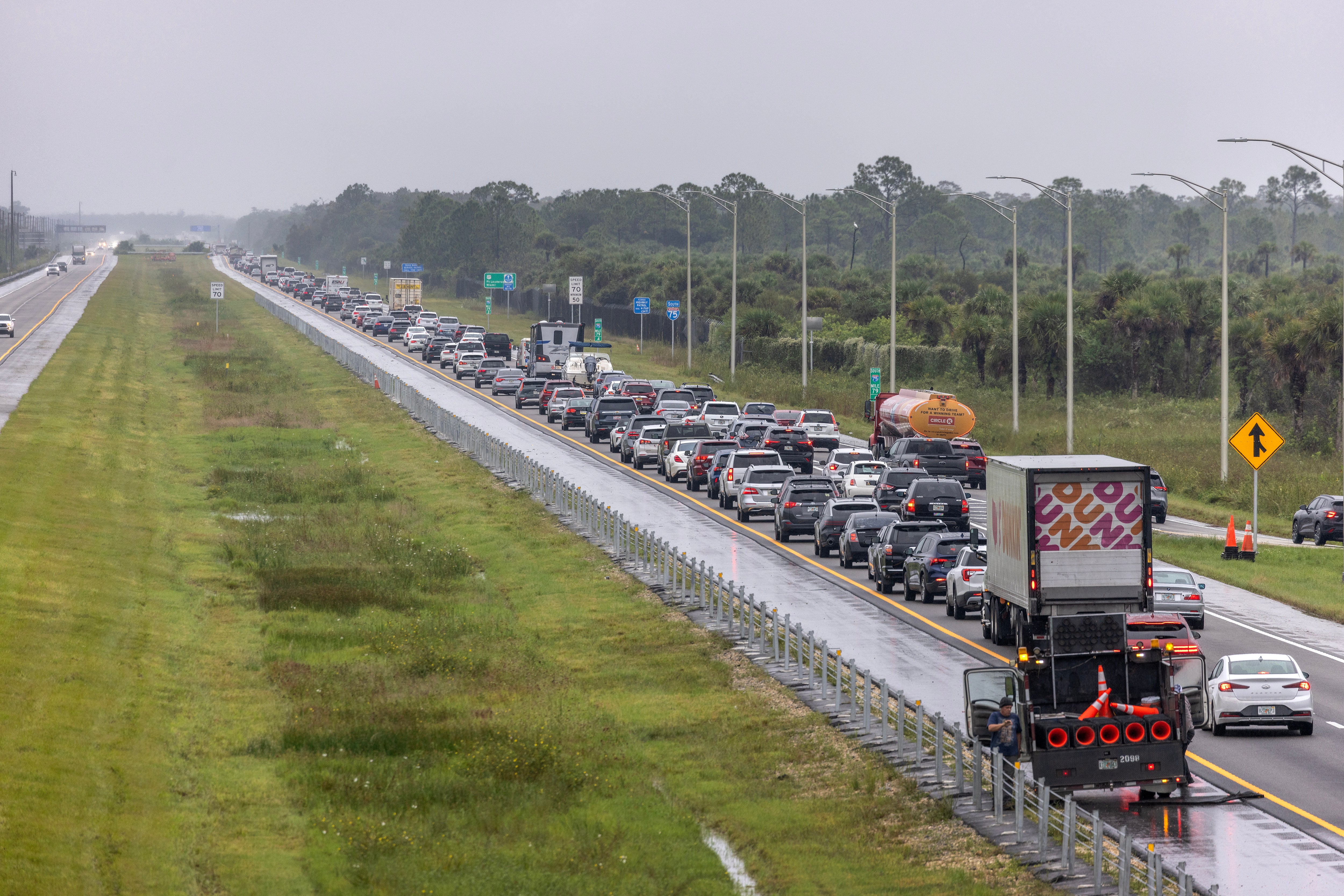 Ahead of expected landfall of Hurricane Milton, a heavy stream of evacuation traffic slowly moves southward from North-West Florida on Interstate 75, in in Naples, Florida, USA, 08 October 2024