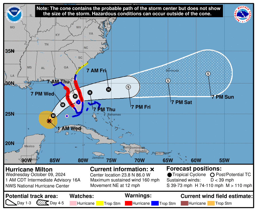 National Hurricane Center’s map charts the expected path of Milton over the coming days into the weekend