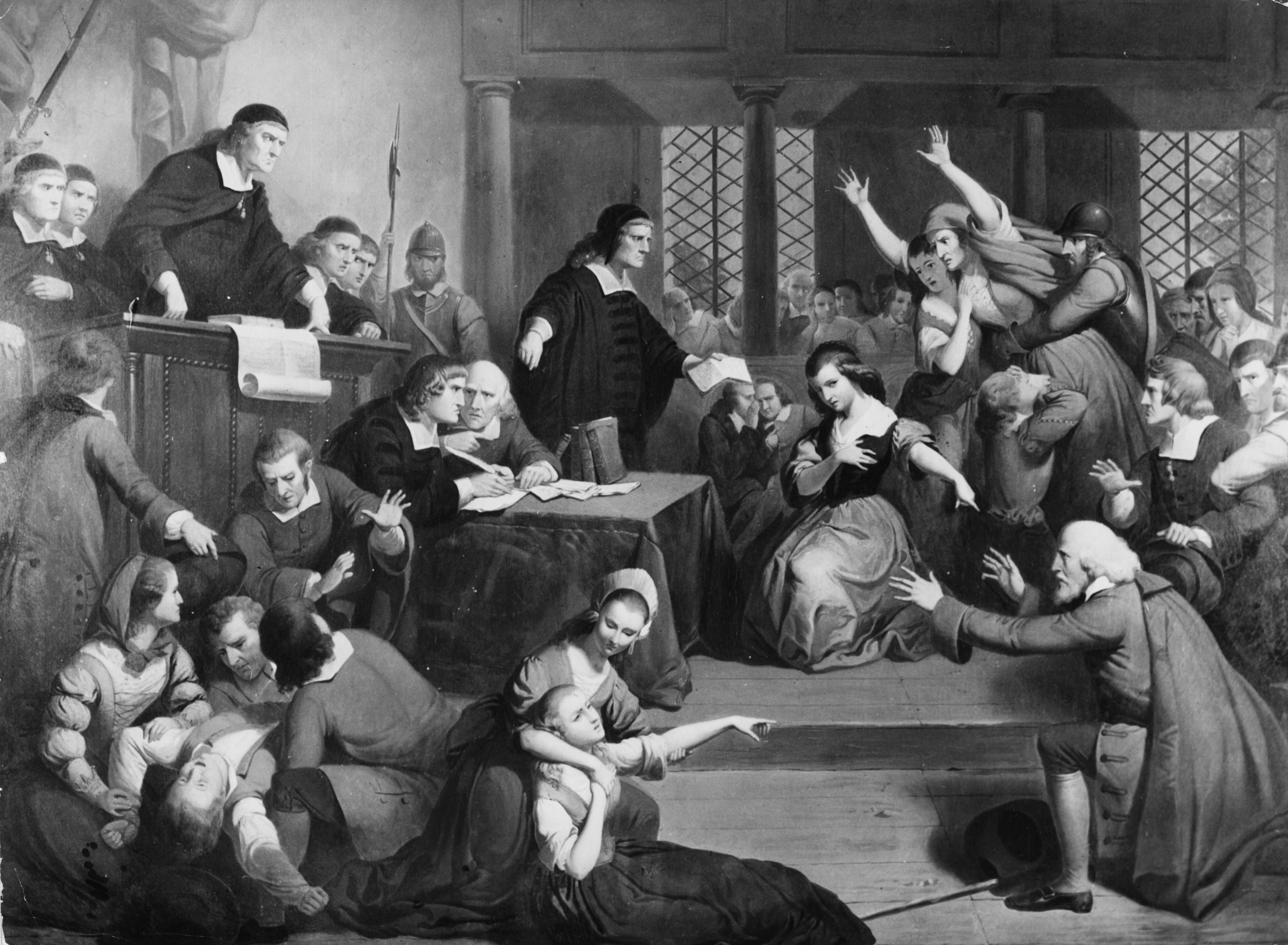 People fainting and causing disorder in 1692 courtroom during trial of a suspected witch