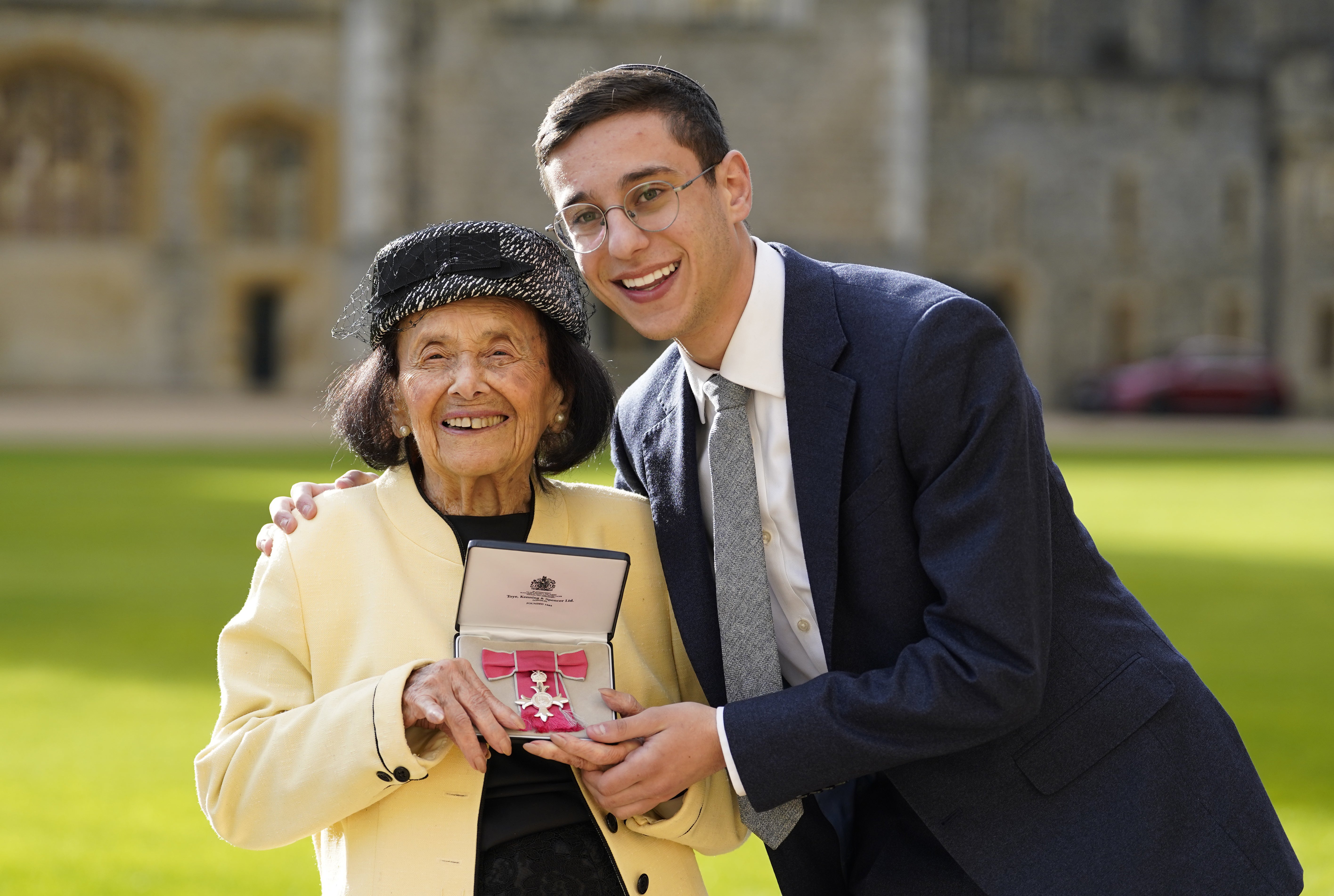 Holocaust survivor Lily Ebert, left, poses for a photograph with her great-grandson Dov Forman (Andrew Matthews/PA)