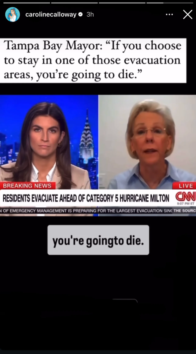 Caroline Calloway releases a clip of Tampa Bay Mayor Jane Castor warning Florida residents about Hurricane Milton