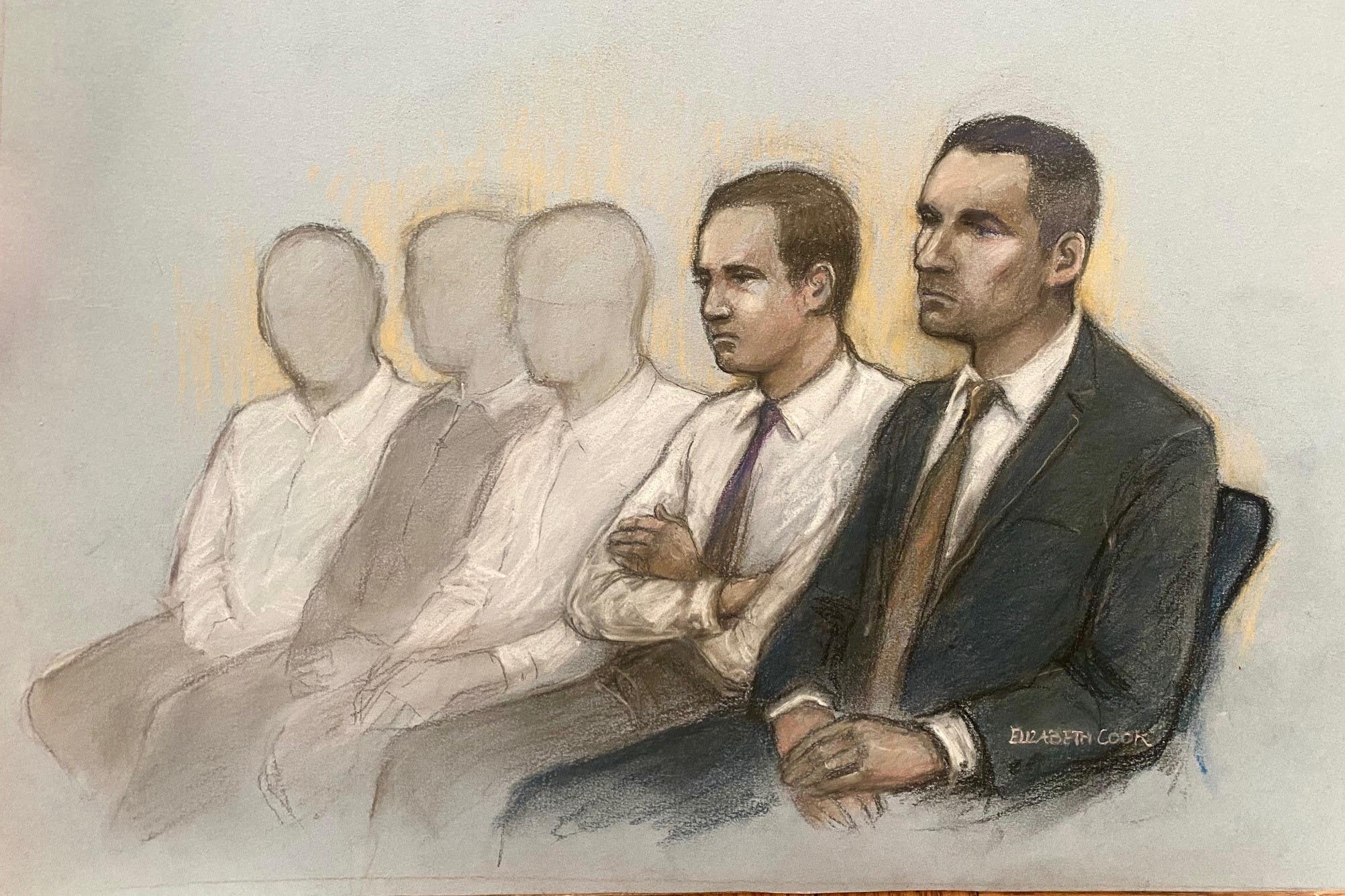 Court artist drawing by Elizabeth Cook of Antony Snook (right) sitting beside Riley Tolliver, 18, and teenagers aged 15, 16 and 17, who cannot be named for legal reasons at Bristol Crown Court, during their trial accused of the murders of two teenage boys (Elizabeth Cook/PA)