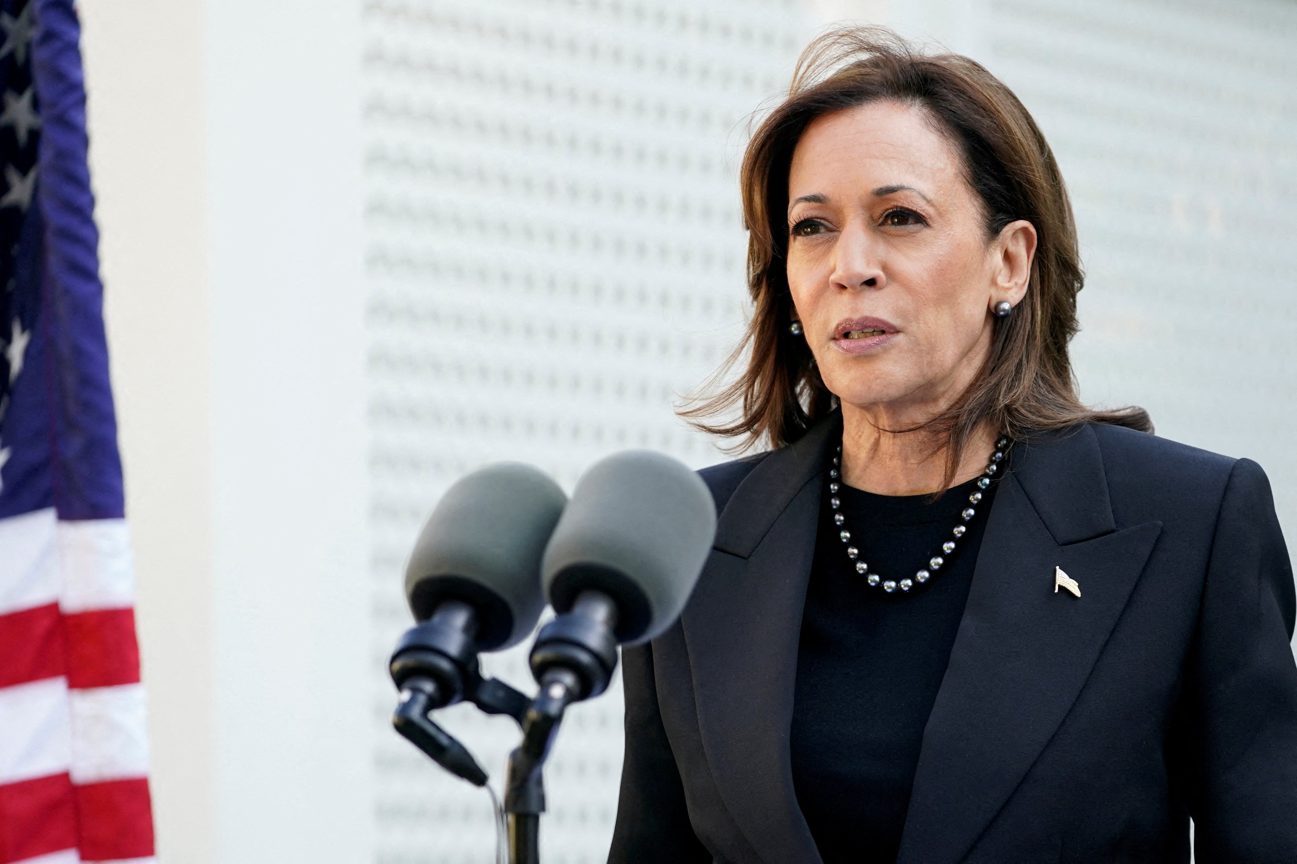 Vice President Kamala Harris speaks at the U.S. Vice President’s residence at the U.S. Naval Observatory in Washington, U.S., October 7, 2024. It’s not yet clear whether her recent media blitz has made an impact in the polls